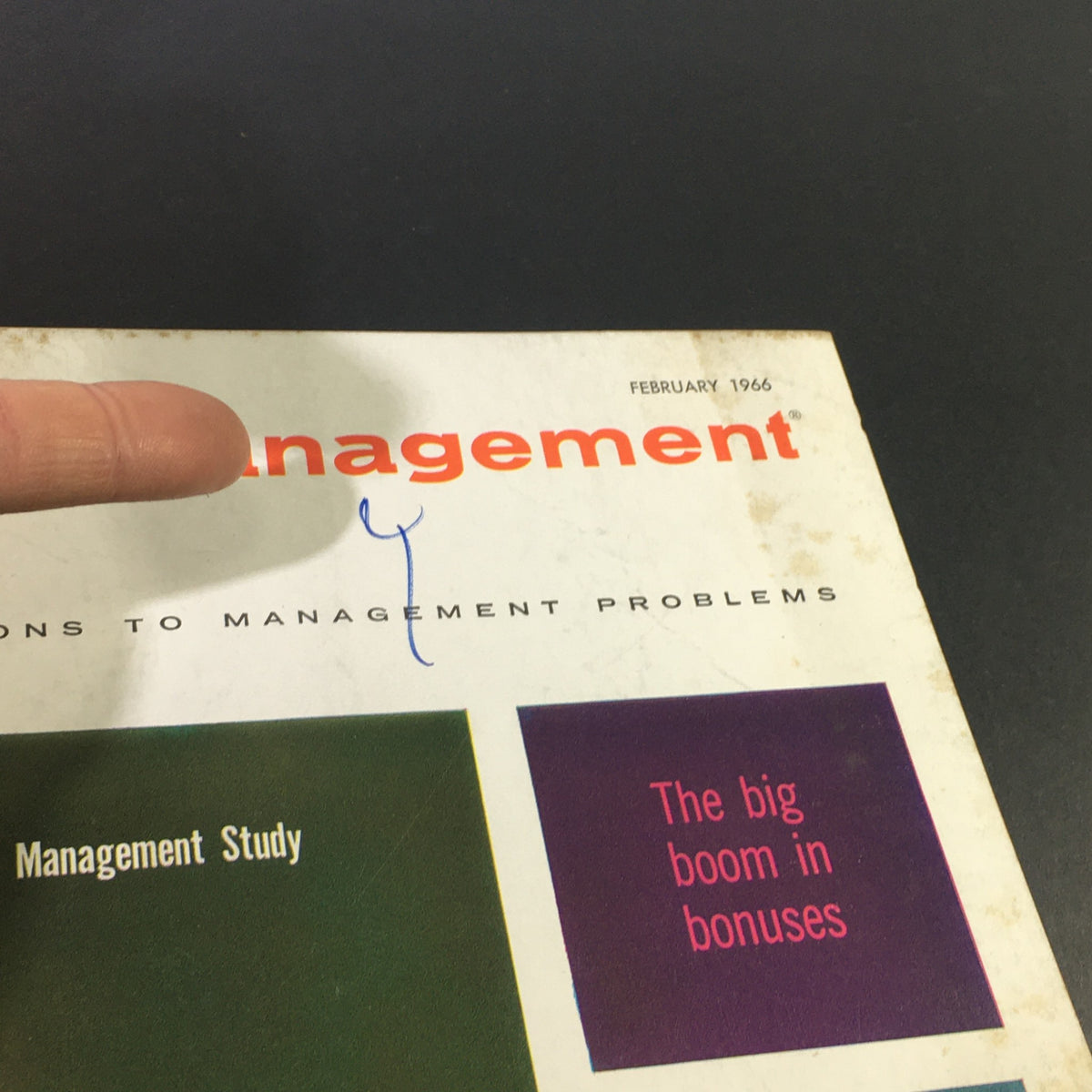 Close-up view of the VTG Business Management Magazine February 1966 cover, highlighting the title and text about executive compensation and the upcoming features such as 'The big boom in bonuses'.