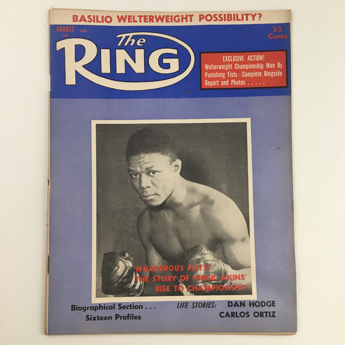 The Ring Boxing Magazine August 1958 featuring Virgil Akins on the cover, highlighting his story and boxing achievements.
