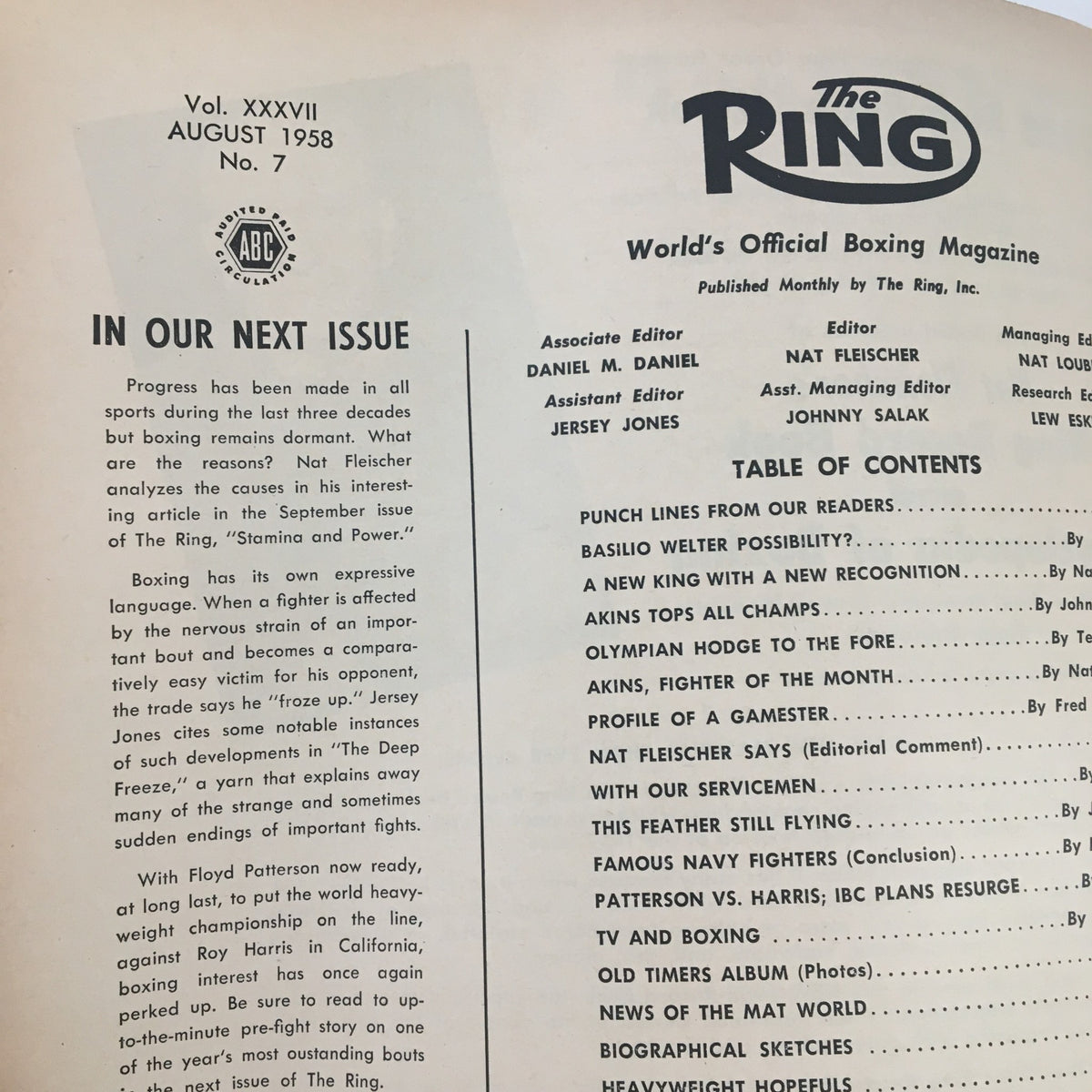 Interior page of The Ring Boxing Magazine August 1958, showcasing the table of contents and editorial notes related to boxing history.