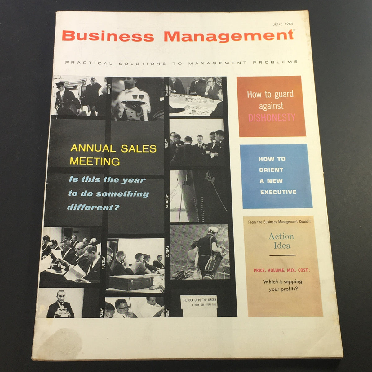 Cover of VTG Business Management Magazine June 1964 featuring articles on executive orientation and management strategies, showcasing a collage of historical images.
