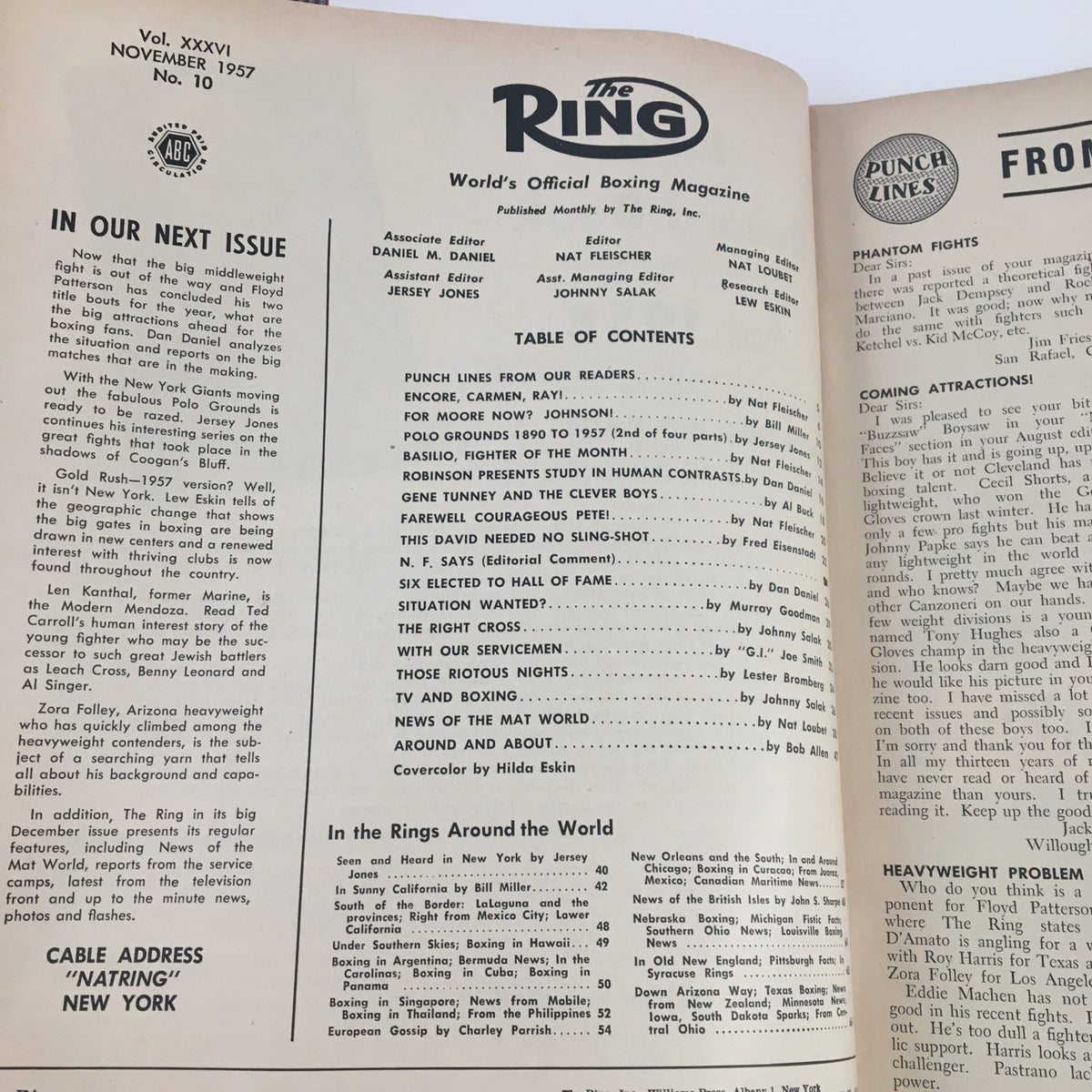 The interior page of The Ring Boxing Magazine from November 1957, showcasing the table of contents and editorial features, celebrating boxing legends and upcoming matches.