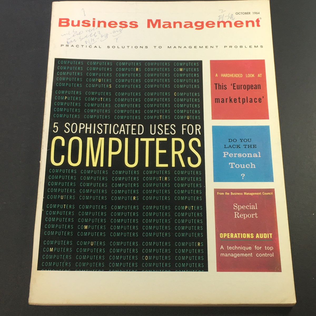 Cover of VTG Business Management Magazine October 1964 featuring the article '5 Sophisticated Uses for Computers'. The cover has bold text and patterns related to computing, representing the era of early technology integration in business.