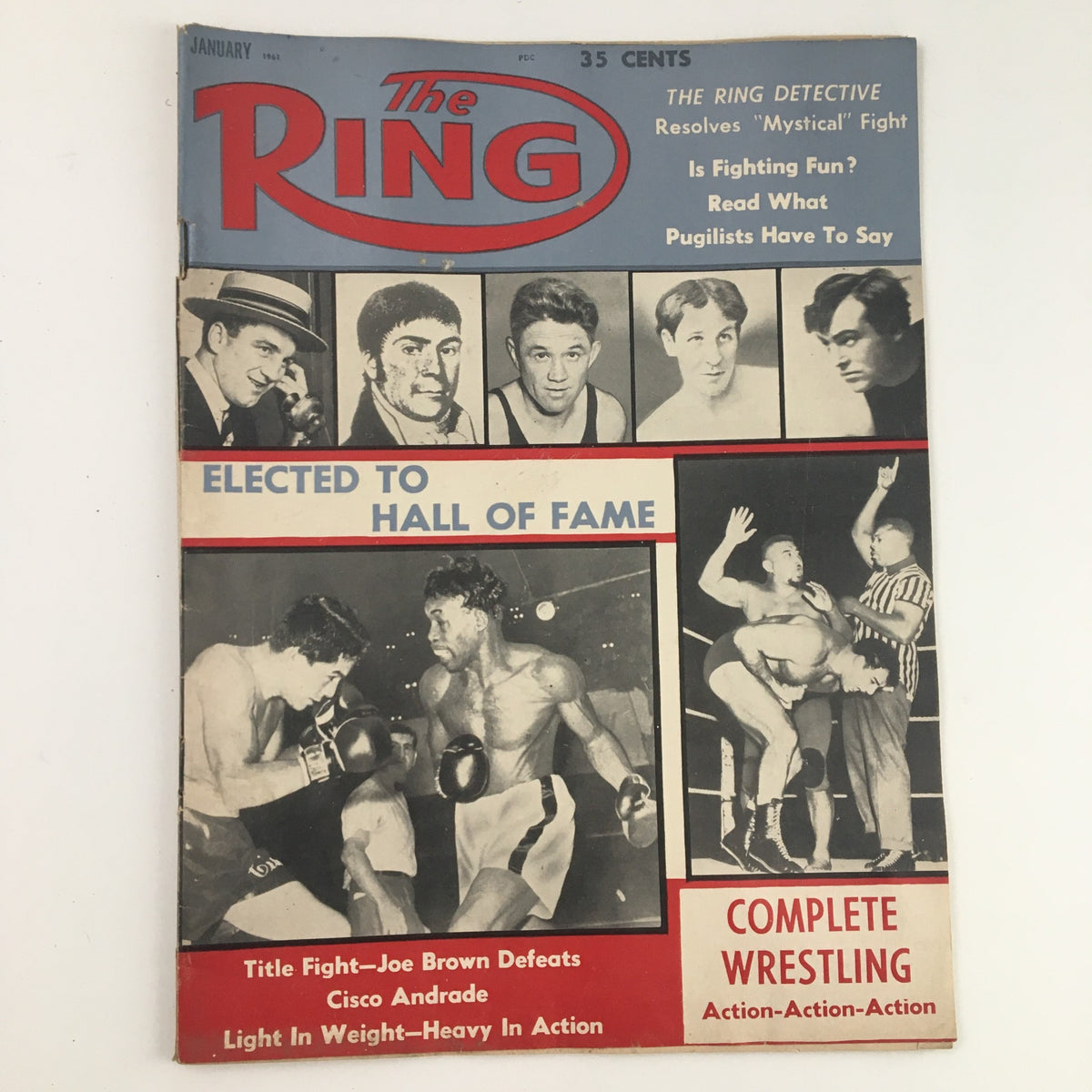Cover of The Ring Boxing Magazine January 1961 featuring the title 'The Ring'. Highlights include the headline 'Joe Brown Defeats Cisco Andrade' and images of famous boxers, encapsulating the excitement of professional boxing.