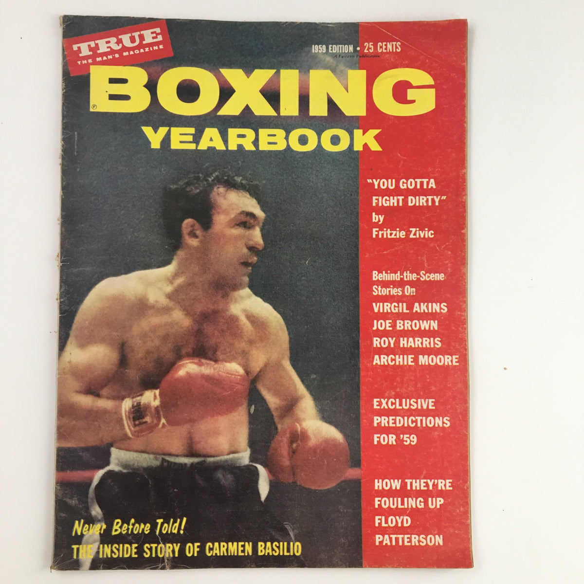 Cover of the TRUE The Man's Magazine Boxing Yearbook 1959 featuring a boxing scene with Carmen Basilio, highlighting articles and stories from the boxing world.