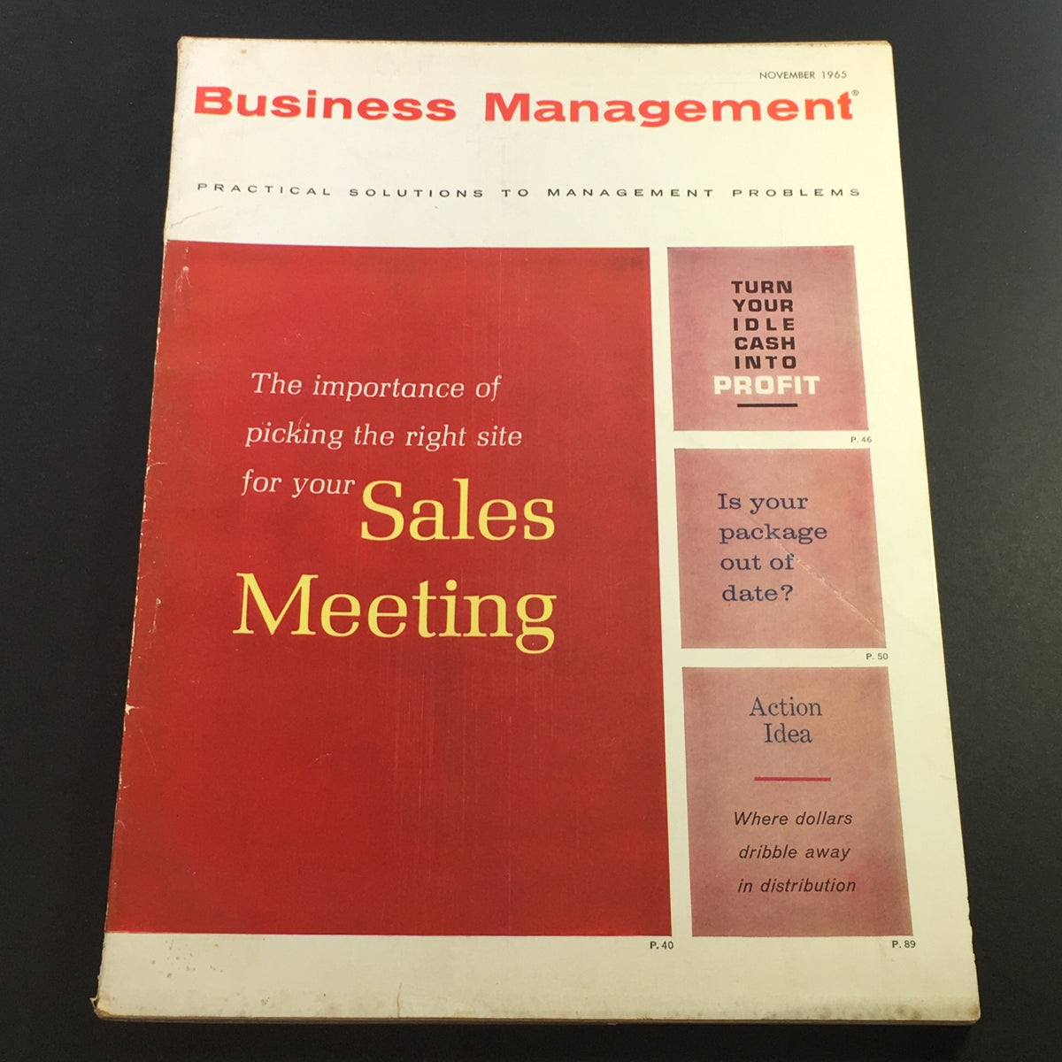 Cover of VTG Business Management Magazine November 1965 featuring the title 'Turn Your Idle Cash Into Profit', highlighting the importance of site selection for sales meetings.