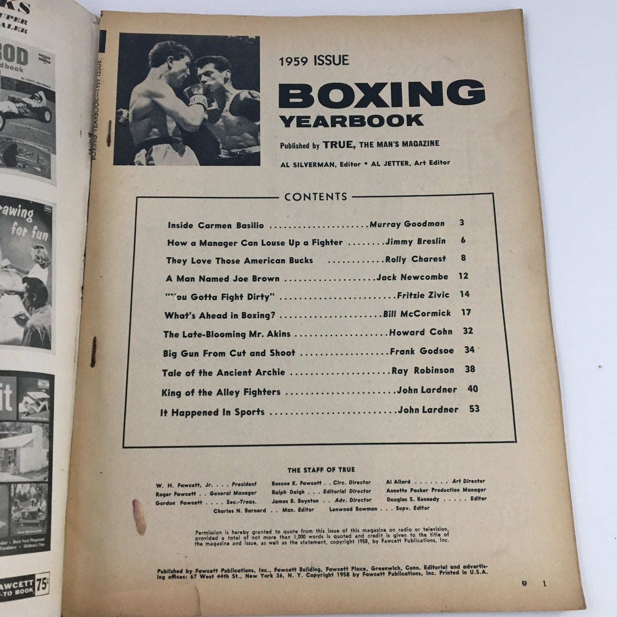 True The Man's Magazine Boxing Yearbook 1959 cover showcasing boxing content and highlights, including an inside feature on Carmen Basilio with a photograph and comprehensive table of contents.