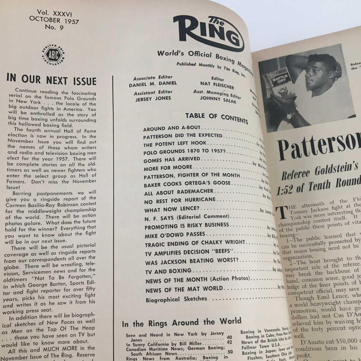 Interior page from The Ring Boxing Magazine October 1957 displaying the table of contents, complete with details about the issue's features and prominent boxers.