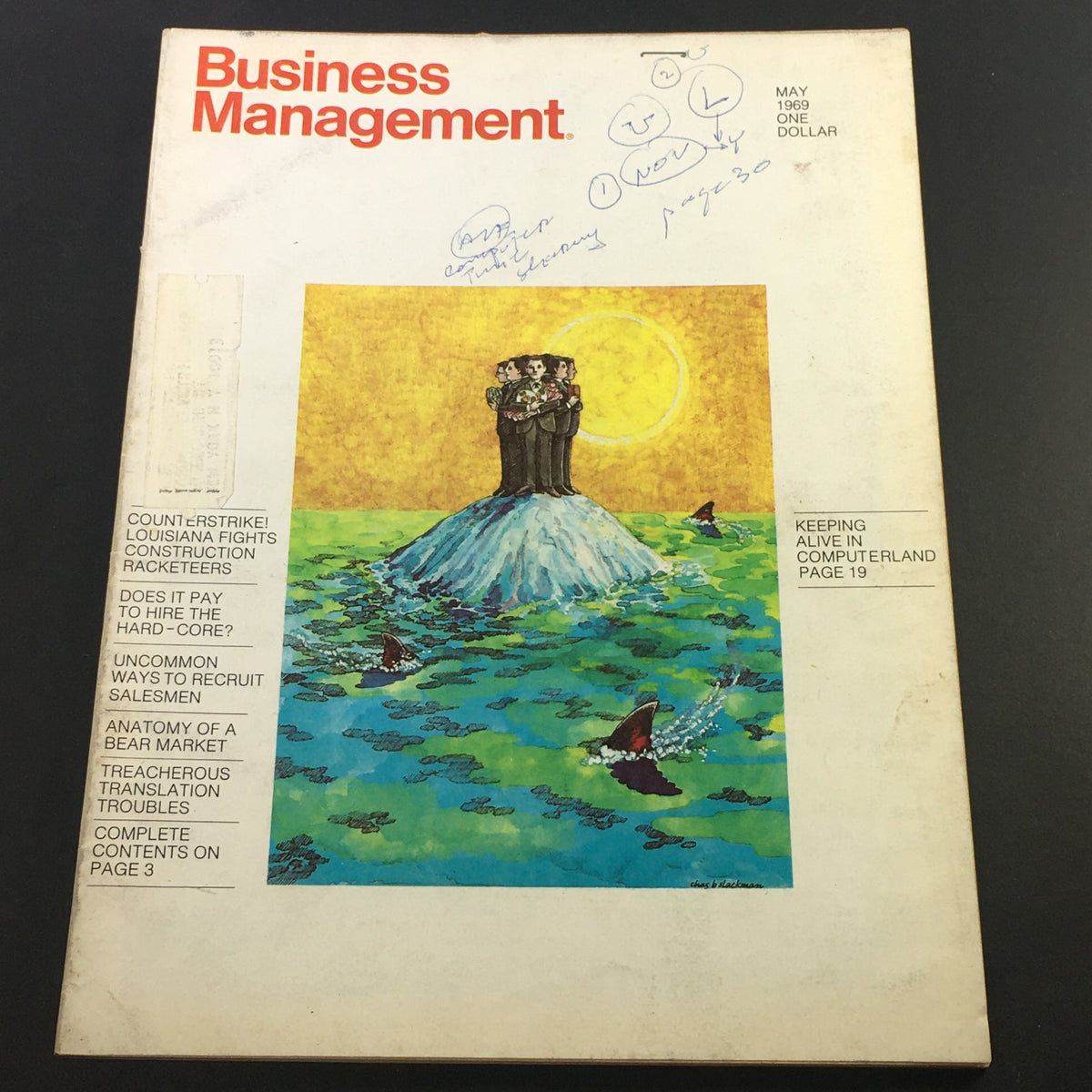 Cover of VTG Business Management Magazine from May 1969 featuring 'Anatomy of a Bear Market' with colorful illustration and handwritten notes.