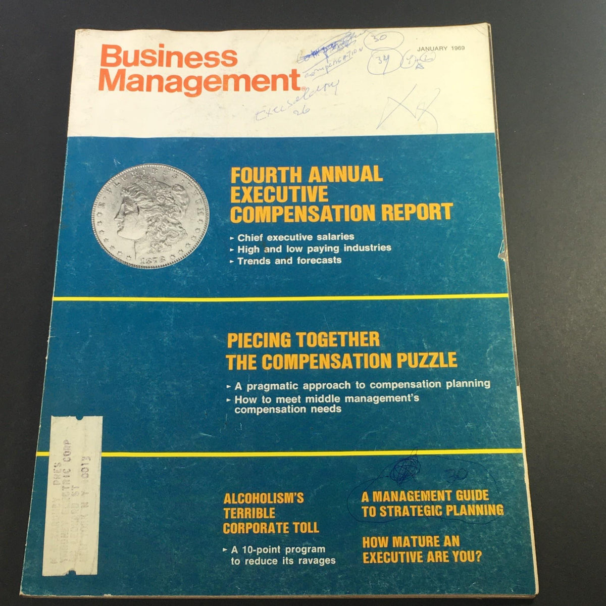 Cover of VTG Business Management Magazine January 1969 featuring the Executive Compensation Report, showcasing topics like CEO salaries and compensation trends.