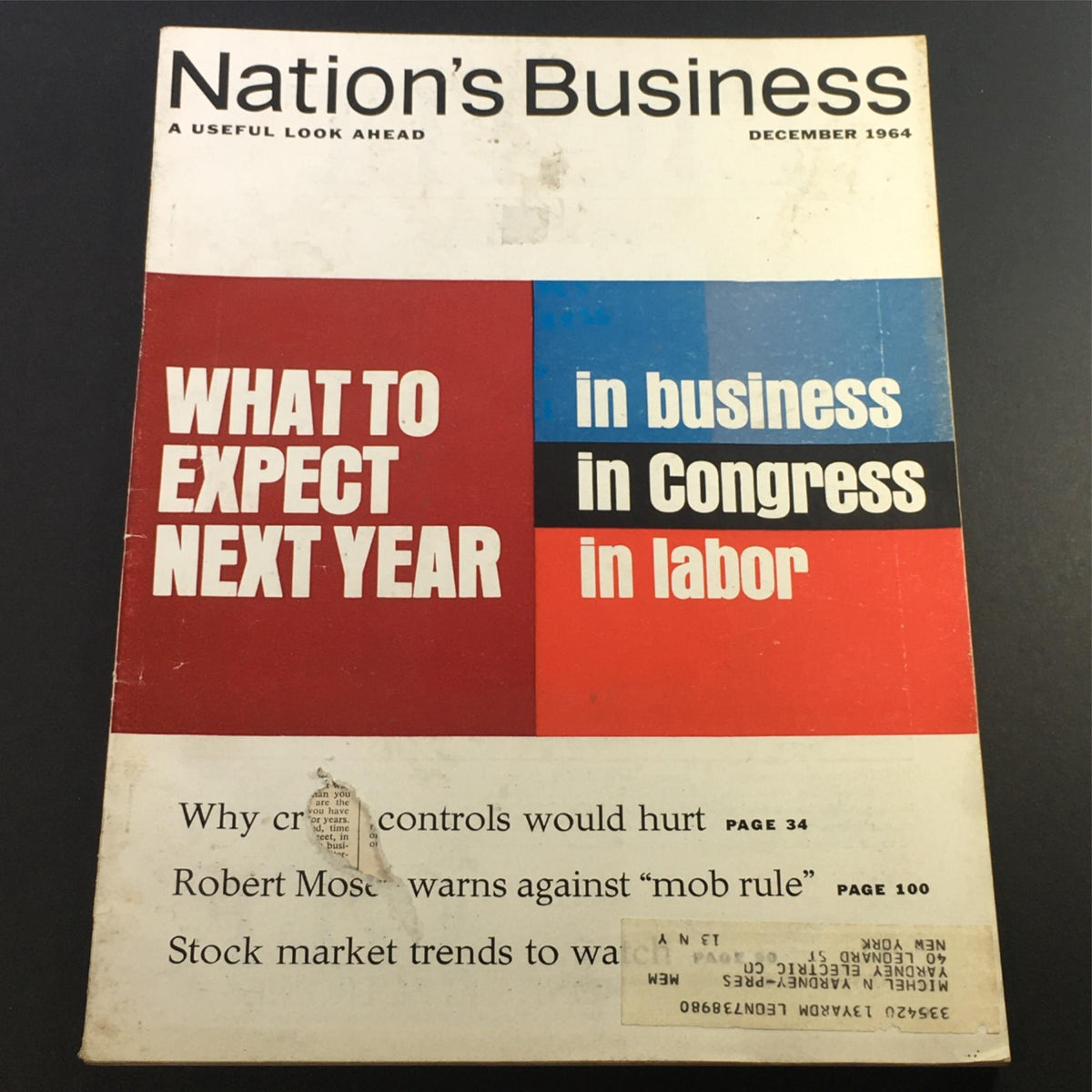 Cover of VTG Nation's Business Magazine December 1964 featuring bold red and blue sections discussing what to expect in business, Congress, and labor.