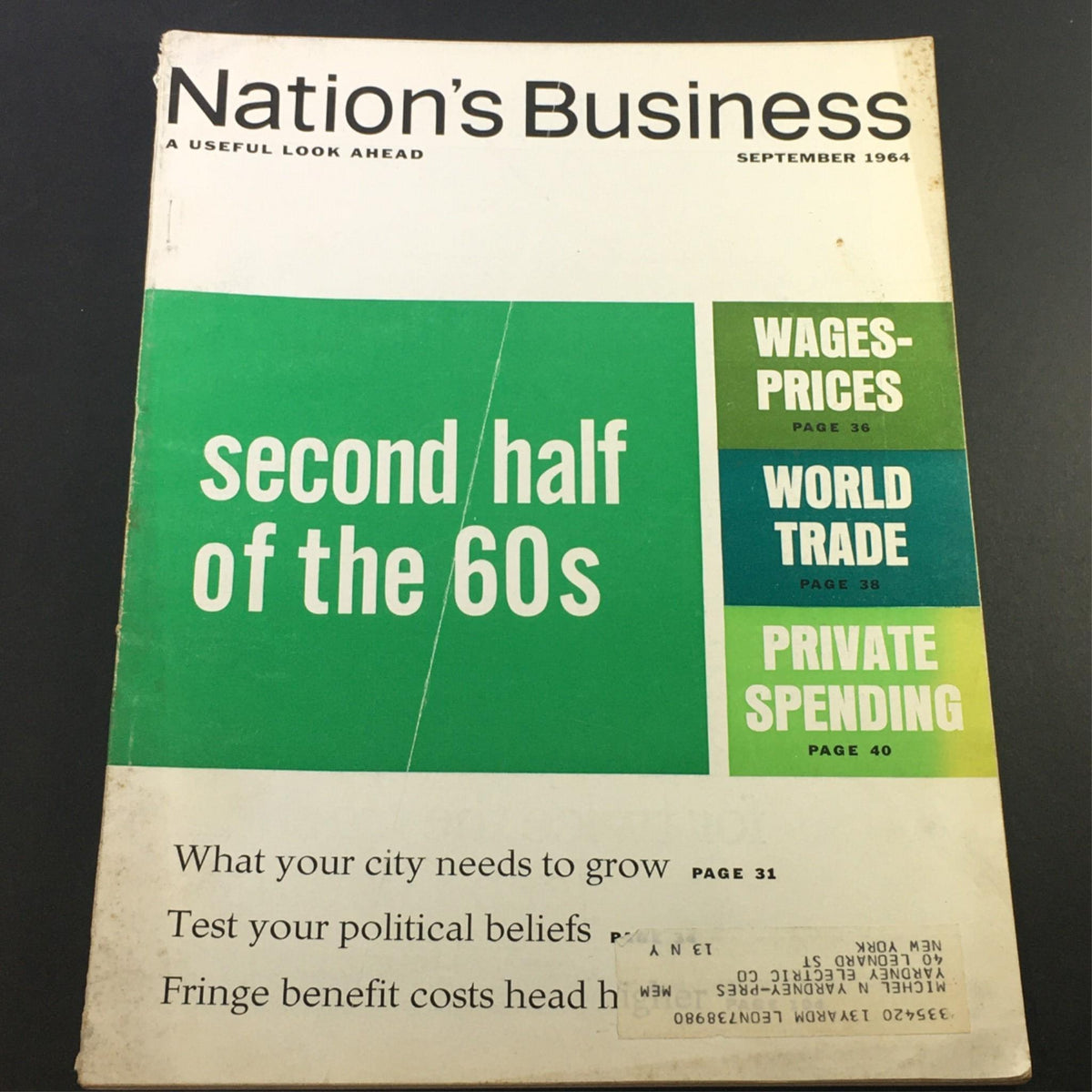 Cover of VTG Nation's Business Magazine September 1964 featuring 'Second Half of the 60's' with headlines on Wages, Prices, World Trade, and Private Spending.