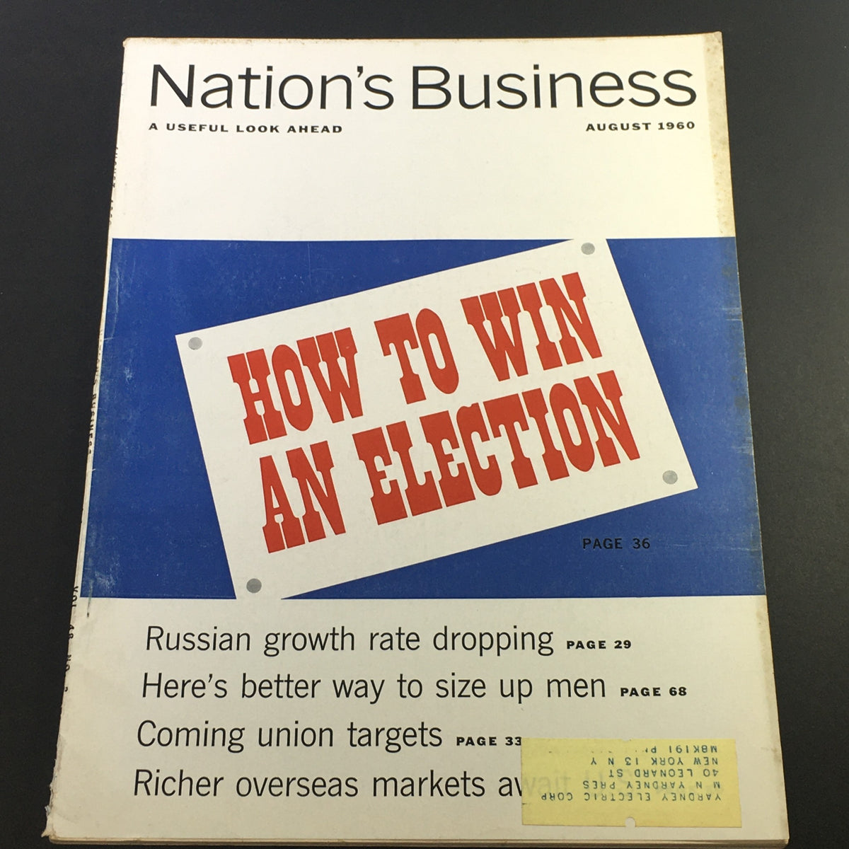 Cover of VTG Nation's Business Magazine August 1960 featuring the bold headline 'How To Win An Election', with additional text about various articles including Russian growth and union targets.