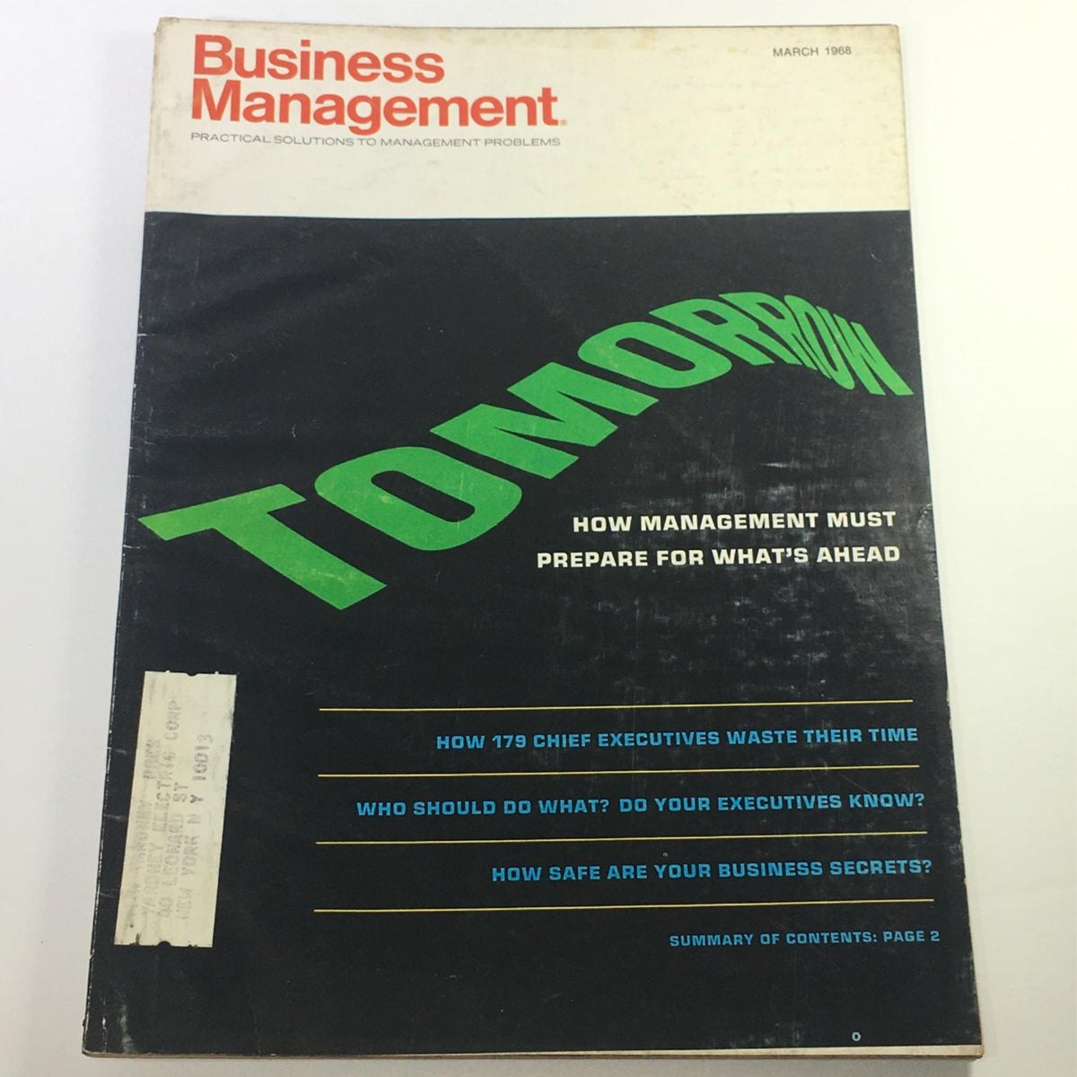 Cover of VTG Business Management Magazine from March 1968, featuring the title 'How Chief Executive Waste Time.' The magazine discusses management insights and issues relevant to the business world.