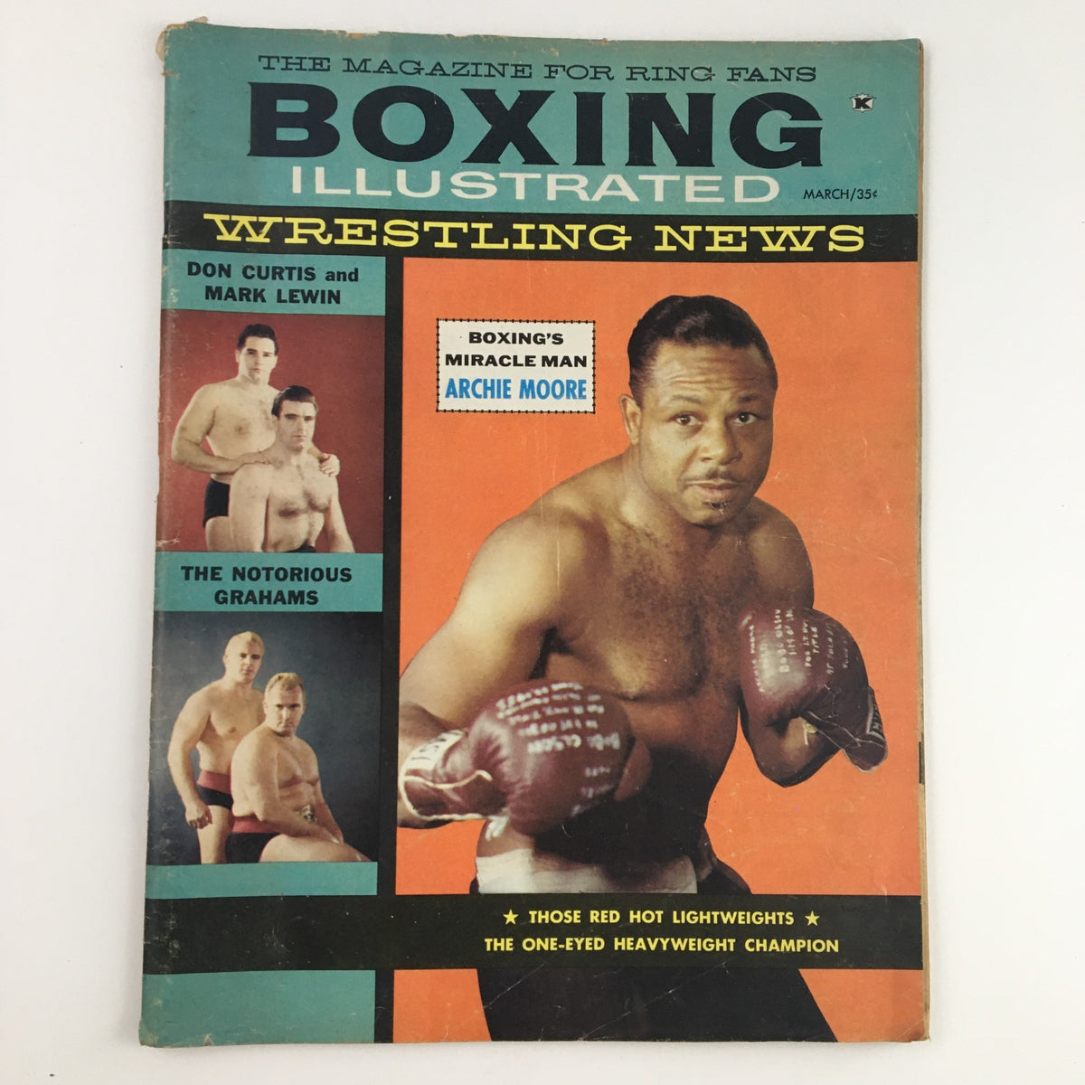 Boxing Illustrated Magazine March 1959 cover featuring Archie Moore and Don Curtis, highlighting key boxing themes and visuals from the vintage publication.