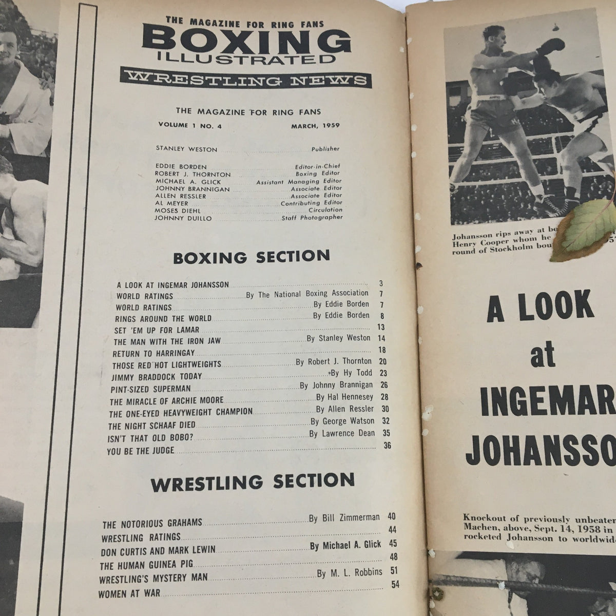 Interior page of Boxing Illustrated Magazine March 1959 showcasing the table of contents, detailing articles and features on boxing legends and wrestling news.