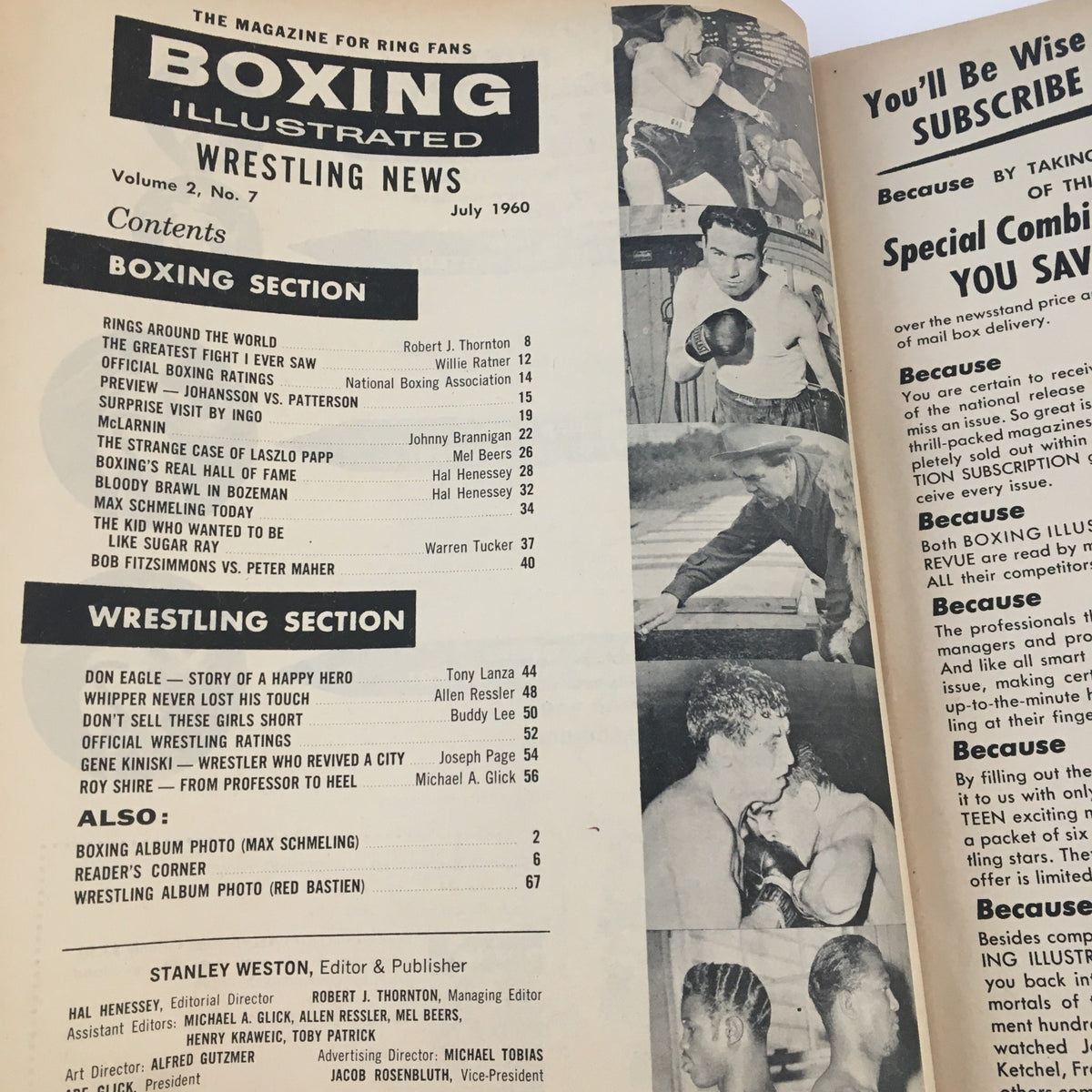 Contents page of Boxing Illustrated Magazine, July 1960, featuring articles on the championship match between Ingemar Johansson and Floyd Patterson, along with wrestling news.