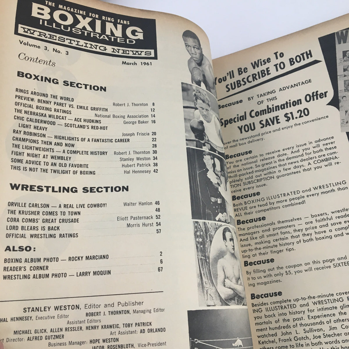 Inside content page of Boxing Illustrated Magazine March 1961, detailing boxing and wrestling sections, featuring articles about Sugar Ray Robinson's career and boxing history.