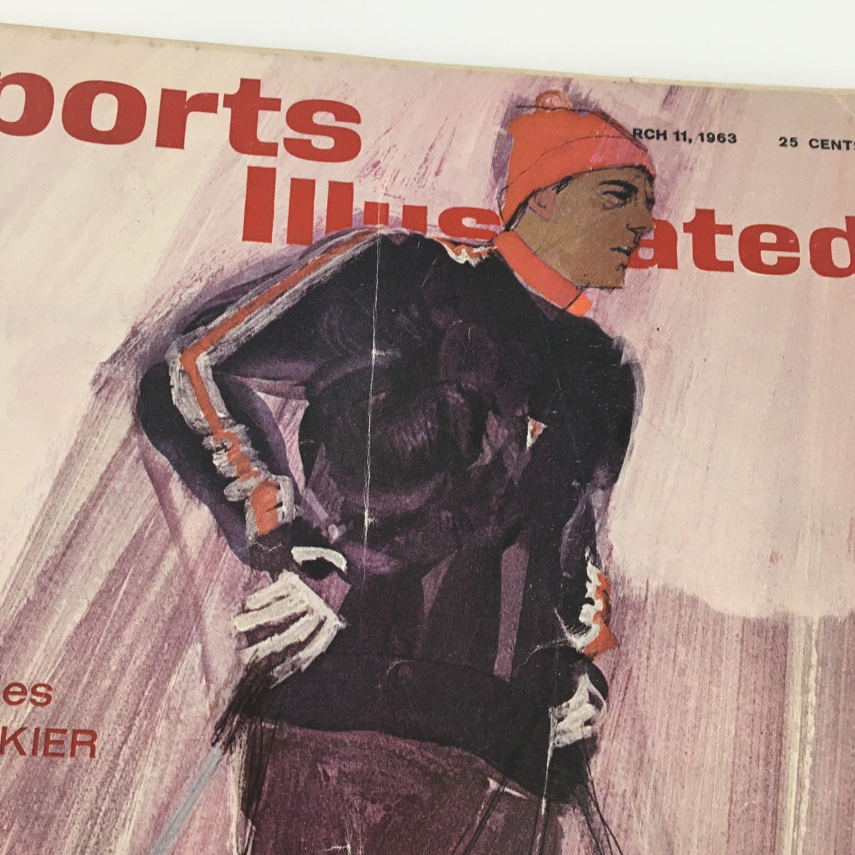 Cover page detail of Sports Illustrated Magazine dated March 11, 1963 showcasing Chuck Ferries, best U.S. skier, with vibrant illustrations and title logo.