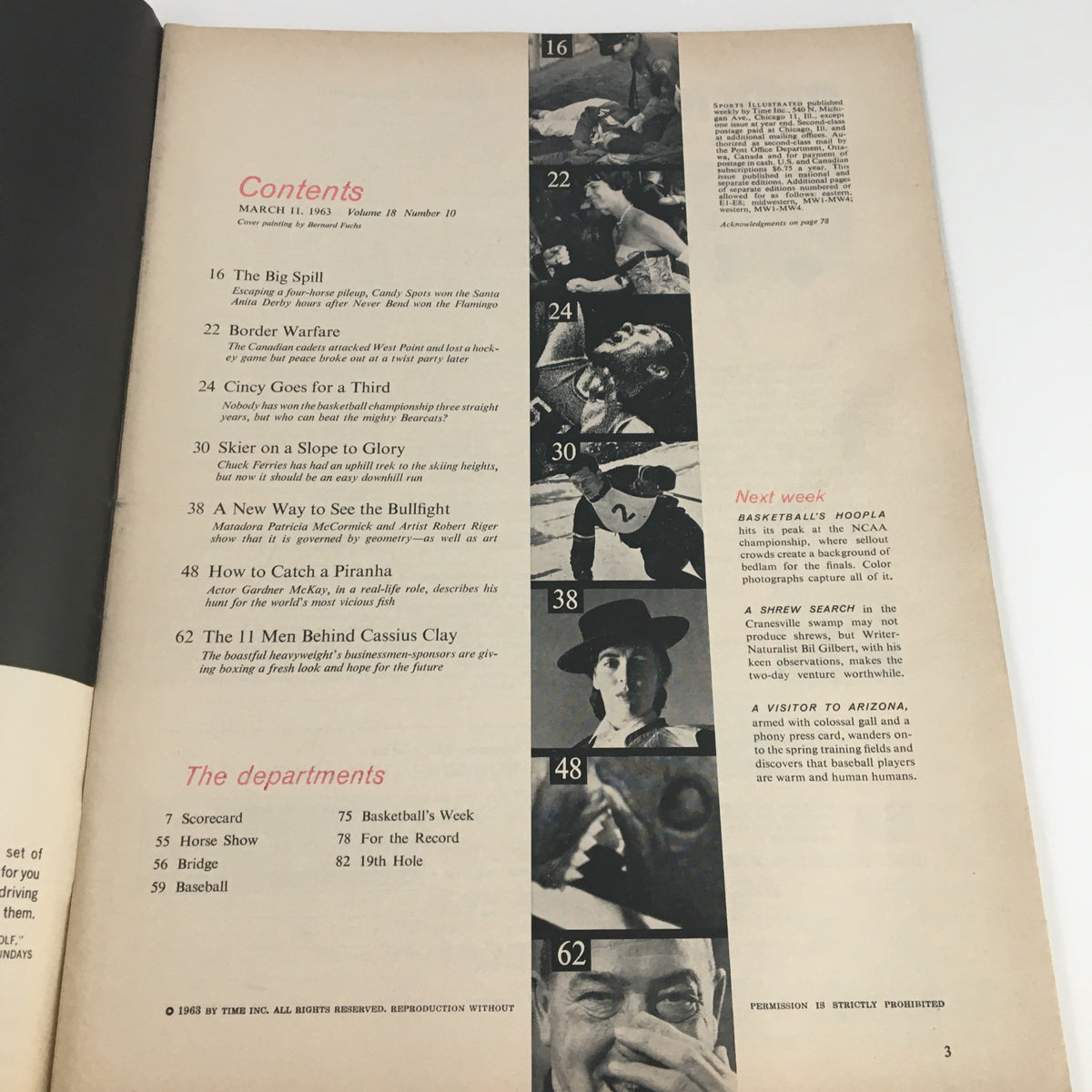 Contents page of Sports Illustrated Magazine dated March 11, 1963, featuring the title 'Skier on a Slope to Glory' highlighting Chuck Ferries, along with other articles including 'Basketball's Hoopla' and 'The 11 Men Behind Cassius Clay'.