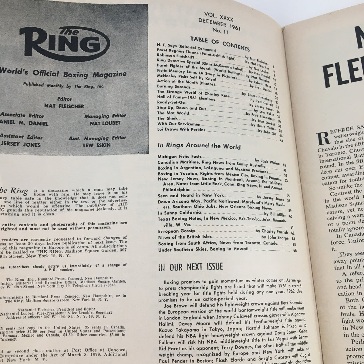 Inside page of The Ring Boxing Magazine December 1961, displaying the table of contents and editorial information, offering insight into the magazine's historical content.