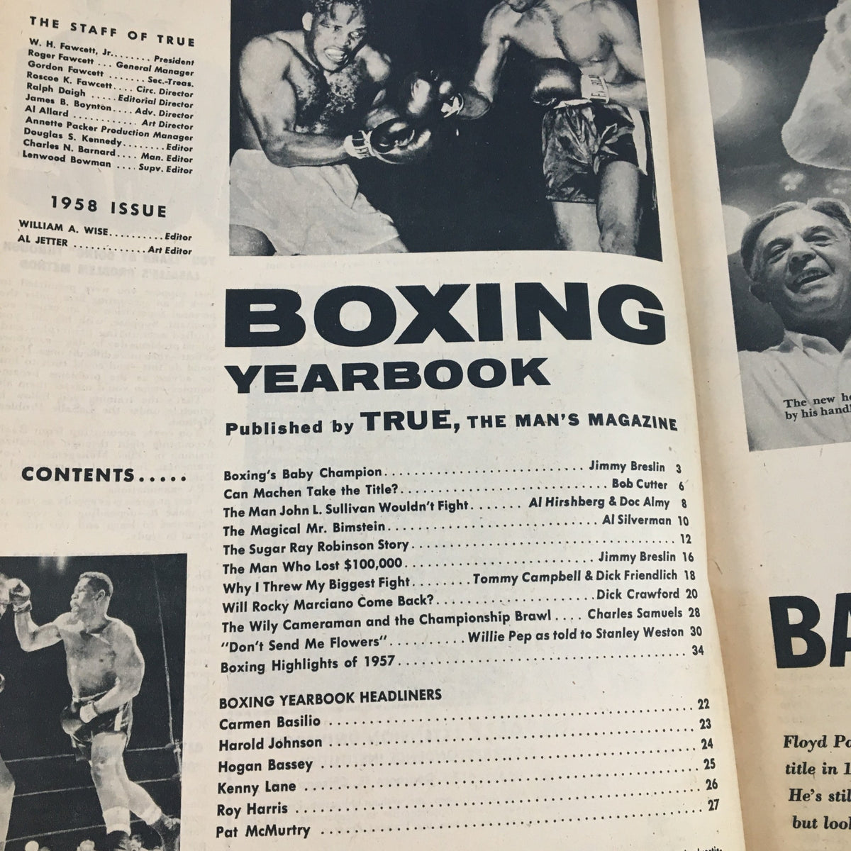 Inside page of TRUE The Man's Magazine Boxing Yearbook 1958 showing contents and features such as exclusive profiles and boxing highlights, capturing the essence of boxing in the late '50s.