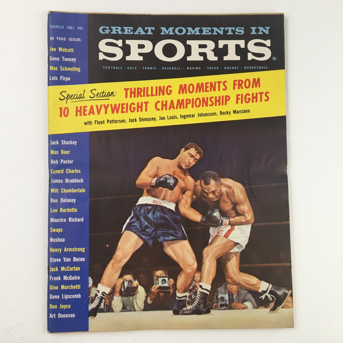 Sports Magazine March 1961 cover featuring boxing legends Floyd Patterson, Jack Dempsey, and Joe Louis with a vibrant design highlighting major sports events.