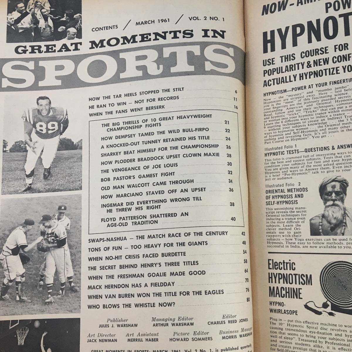 Contents page of Sports Magazine March 1961, detailing articles related to exhilarating heavyweight championship fights and various sports personalities.