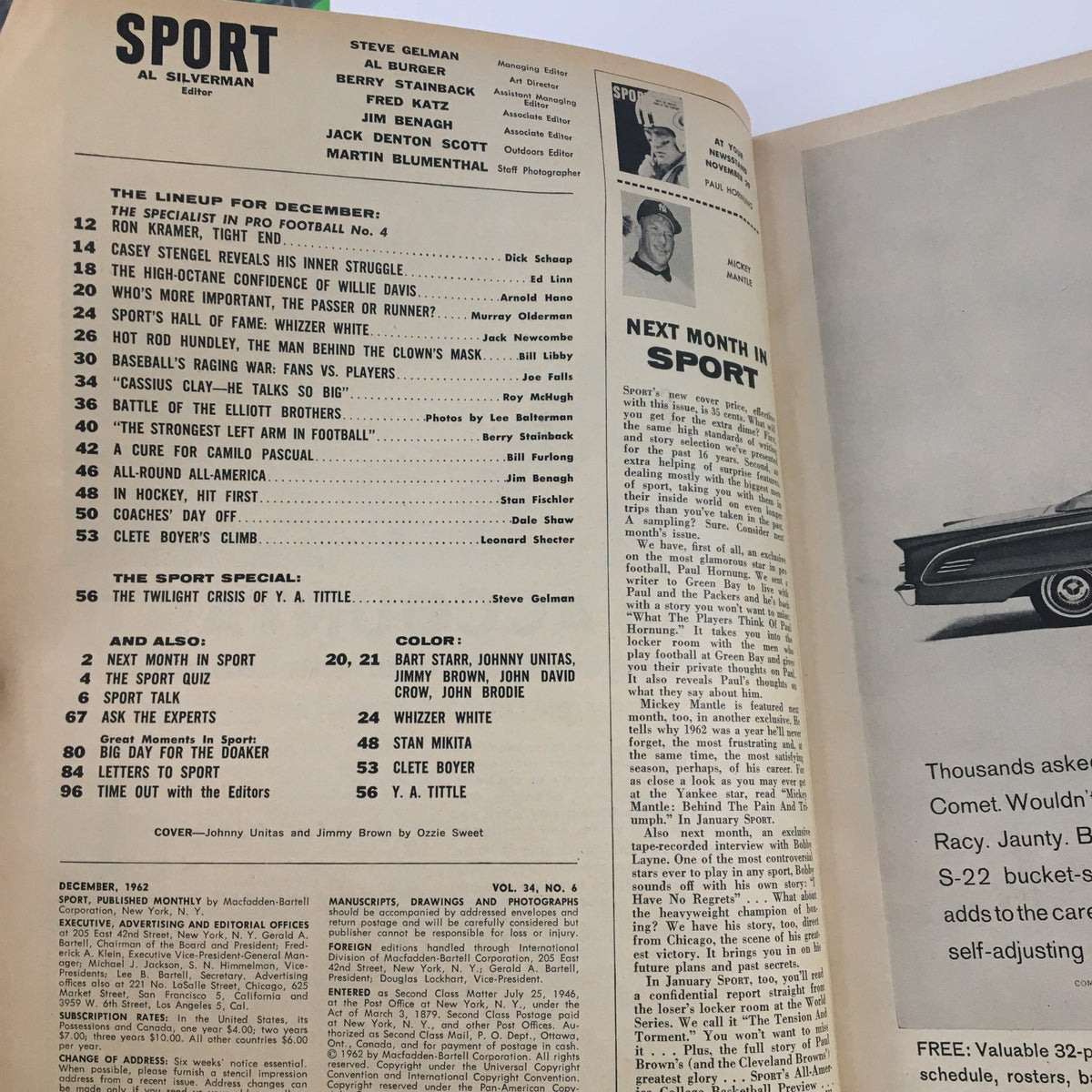 Inside page of Sports Magazine December 1962 showing the contents and lineup including features on Johnny Unitas and Jimmy Brown.