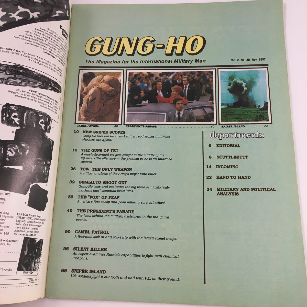 Interior page of Gung-Ho Magazine November 1982 displaying the table of contents, highlighting sections like 'Silent Killer' and 'The President's Parade', emphasizing military insights and historical context.