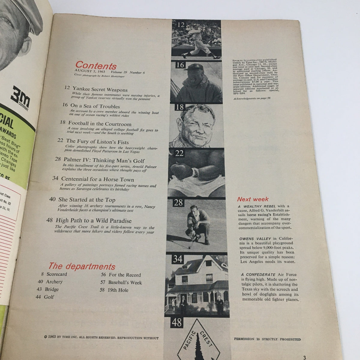 Table of contents page from Sports Illustrated Magazine August 5, 1963, listing articles including features on Nancy Vonderheide.