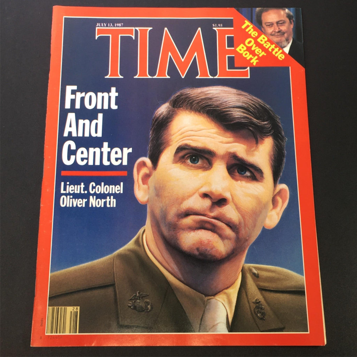 VTG Time Magazine July 13 1987 featuring Lieutenant Colonel Oliver North on the cover with the headline 'Front And Center'. This collectible issue offers insights into the Iran-Contra Affair and American political history.