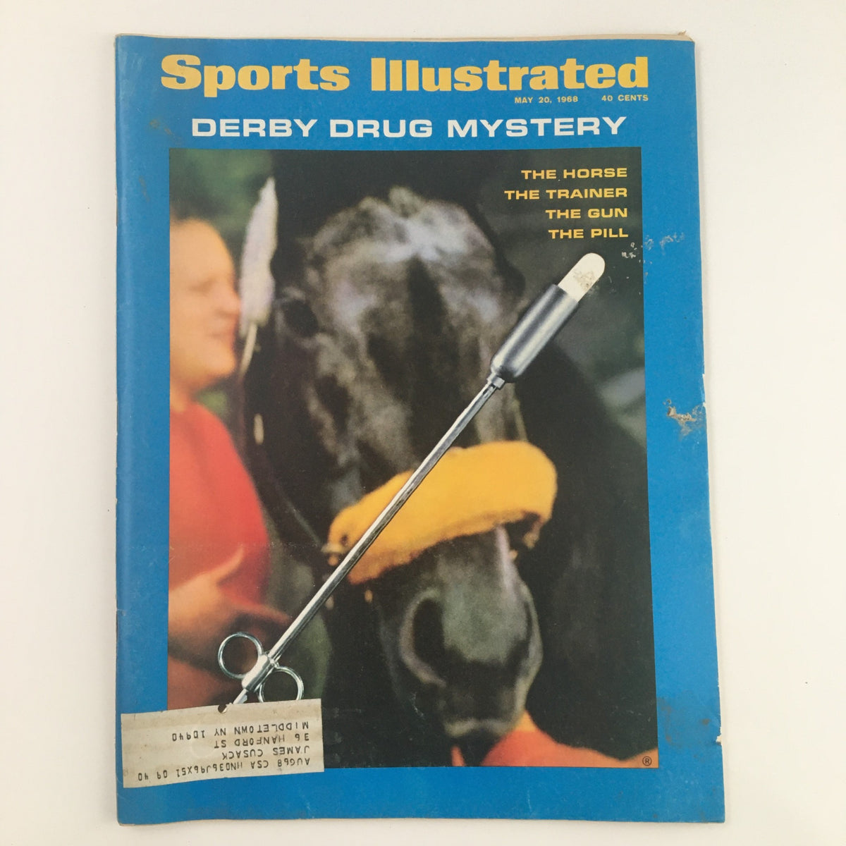 Cover of Sports Illustrated Magazine from May 20, 1968, featuring the headline 'Derby Drug Mystery' with a horse, a trainer, and a syringe.