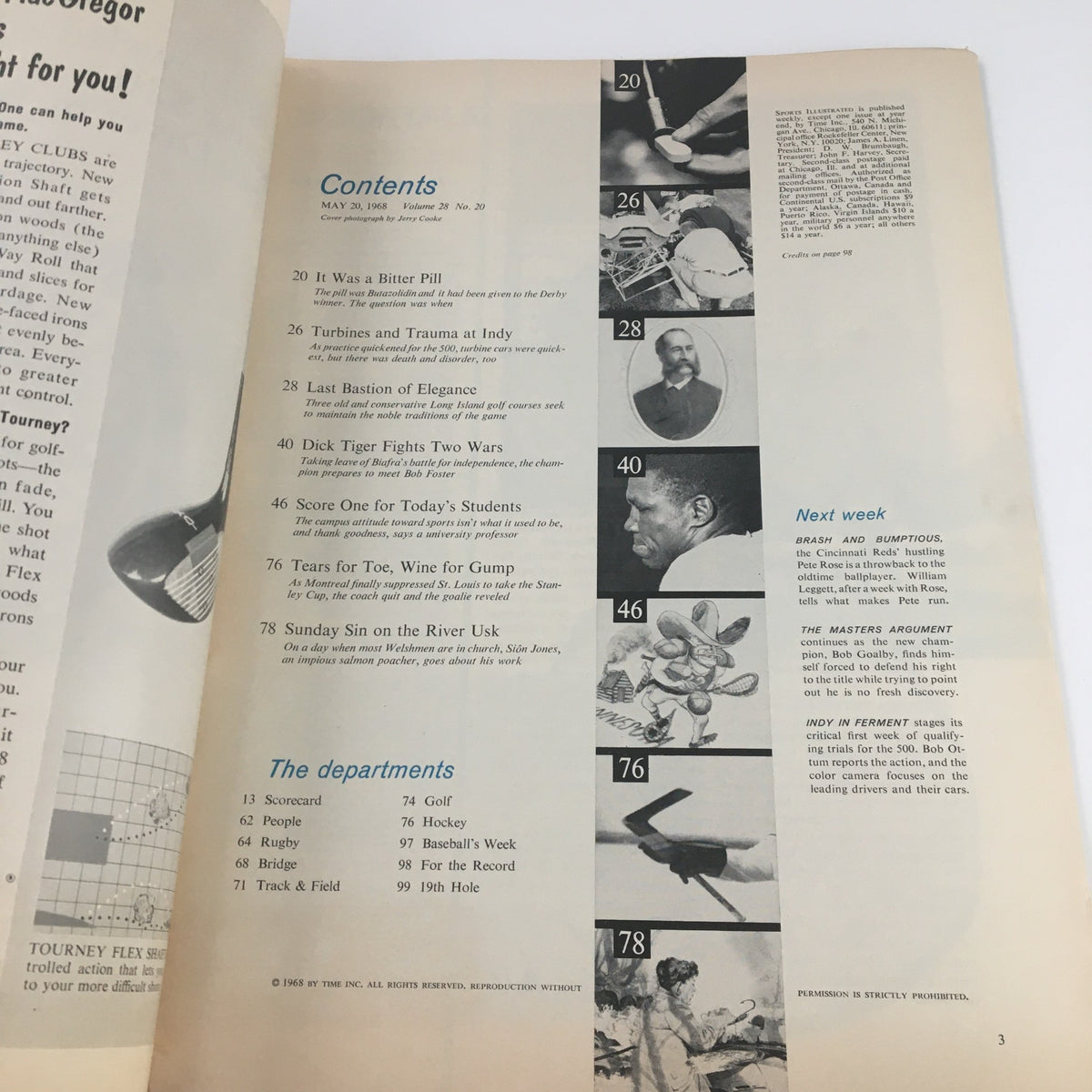 Inside page of Sports Illustrated Magazine from May 20, 1968, showcasing the table of contents.