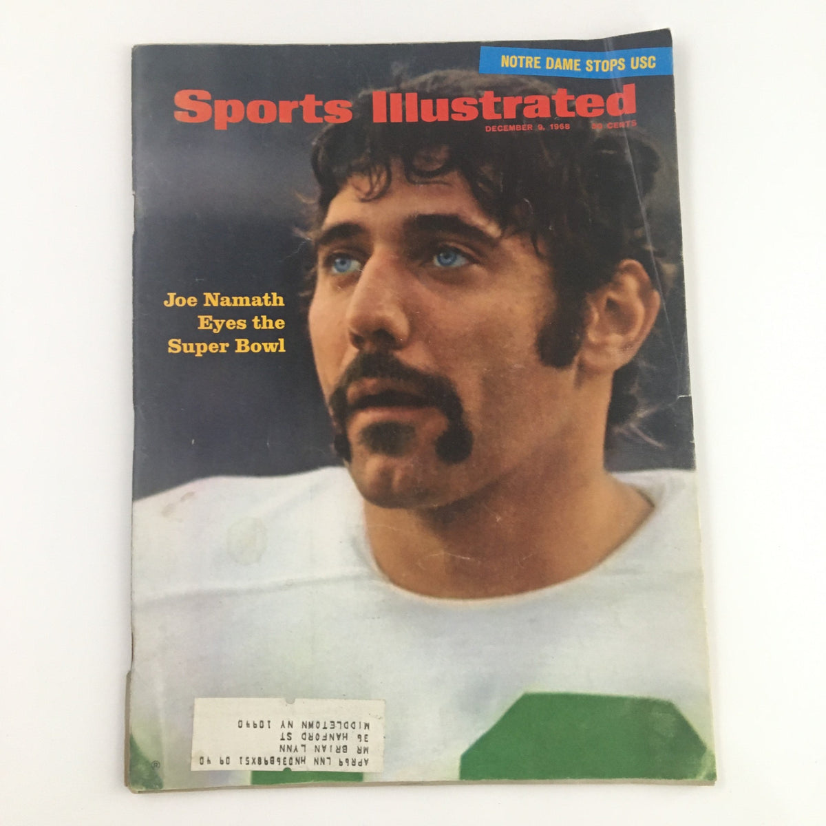 Cover of Sports Illustrated Magazine December 9, 1968 featuring Joe Namath, captioned 'Eyes the Super Bowl', showcasing vintage sports memorabilia.