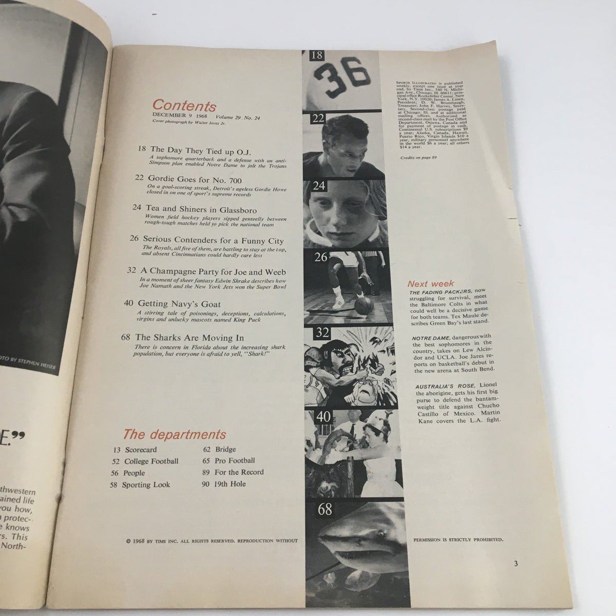Contents page of the December 9, 1968 Sports Illustrated magazine, outlining featured articles and sections, including sports highlights from that era.