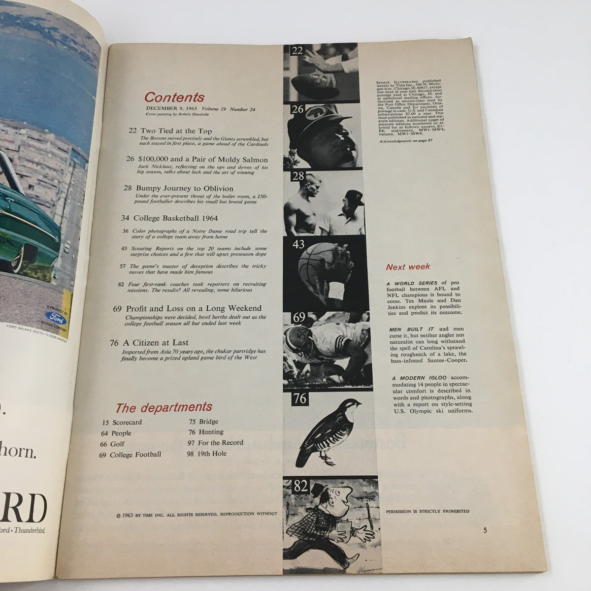 Sports Illustrated Magazine December 9 1963 page featuring contents, highlighting articles including College Basketball 1964 and other sports-related features, showcasing a vintage design and layout.