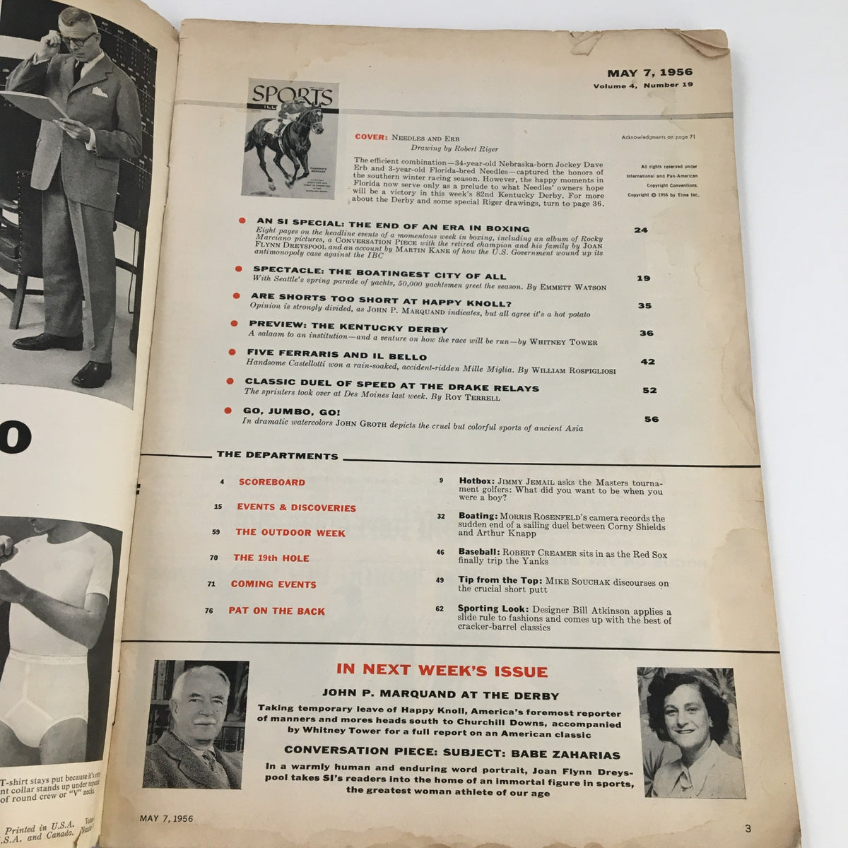 Interior page of Sports Illustrated Magazine May 7 1956 featuring articles about thoroughbred racehorse champion Needles, with table of contents and features related to horse racing and sports.