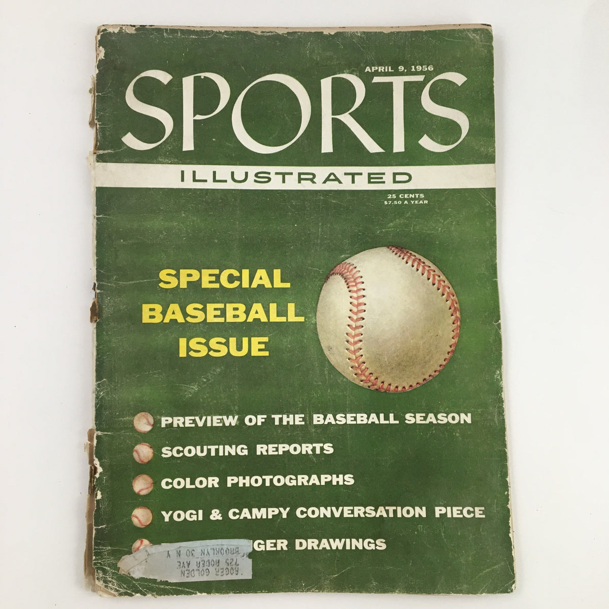 Sports Illustrated Magazine April 9 1956, showcasing a vintage special baseball issue with a green cover and prominent baseball graphic, highlighting the preview of the baseball season.