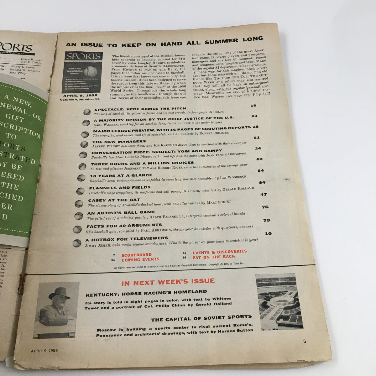 Inside view of Sports Illustrated Magazine April 9 1956, featuring contents page with articles and topics related to baseball, capturing the essence of the vintage special baseball issue.