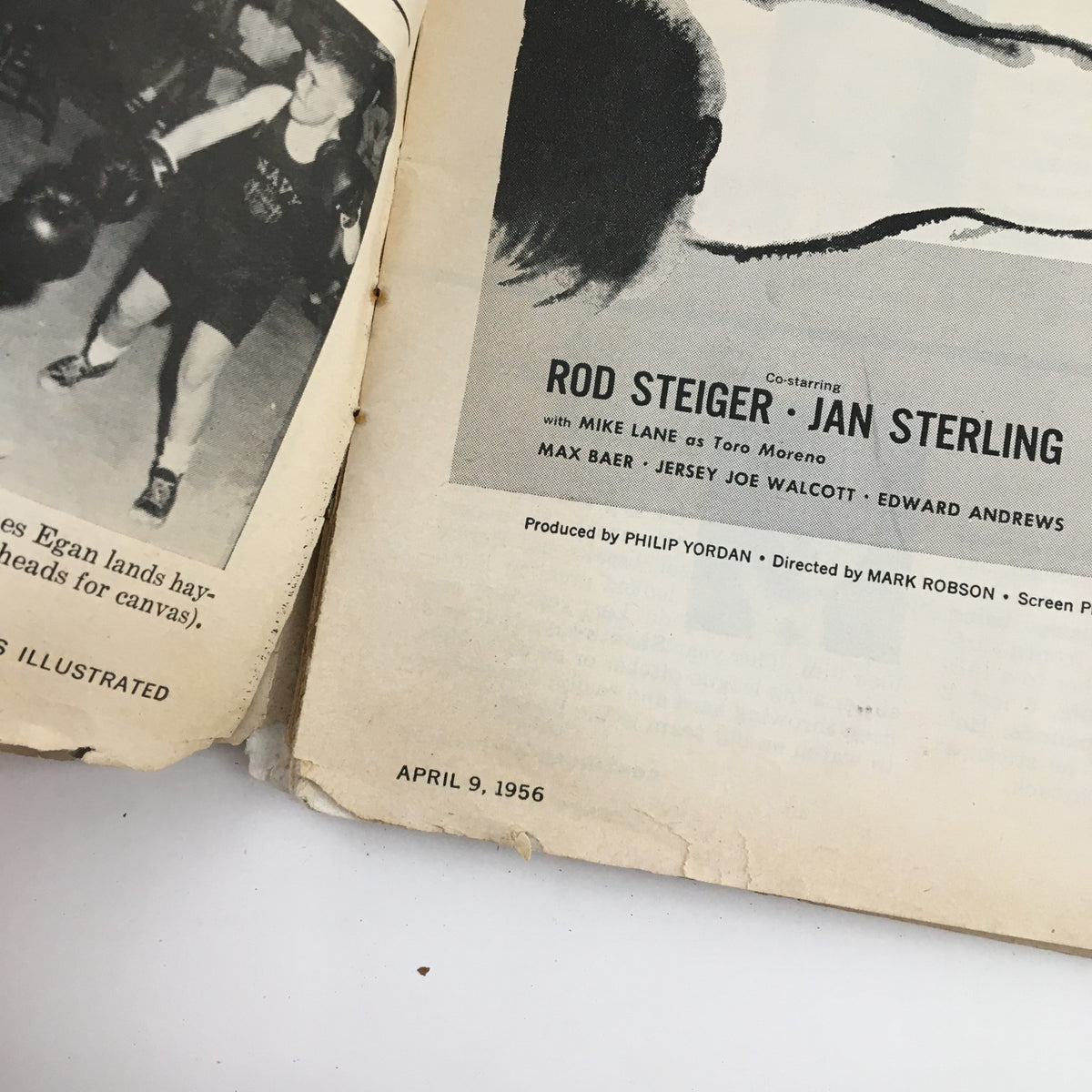 Interior page of Sports Illustrated Magazine from April 9, 1956, featuring articles and an image related to boxing, showcasing the magazine's vintage charm and historical sports coverage.
