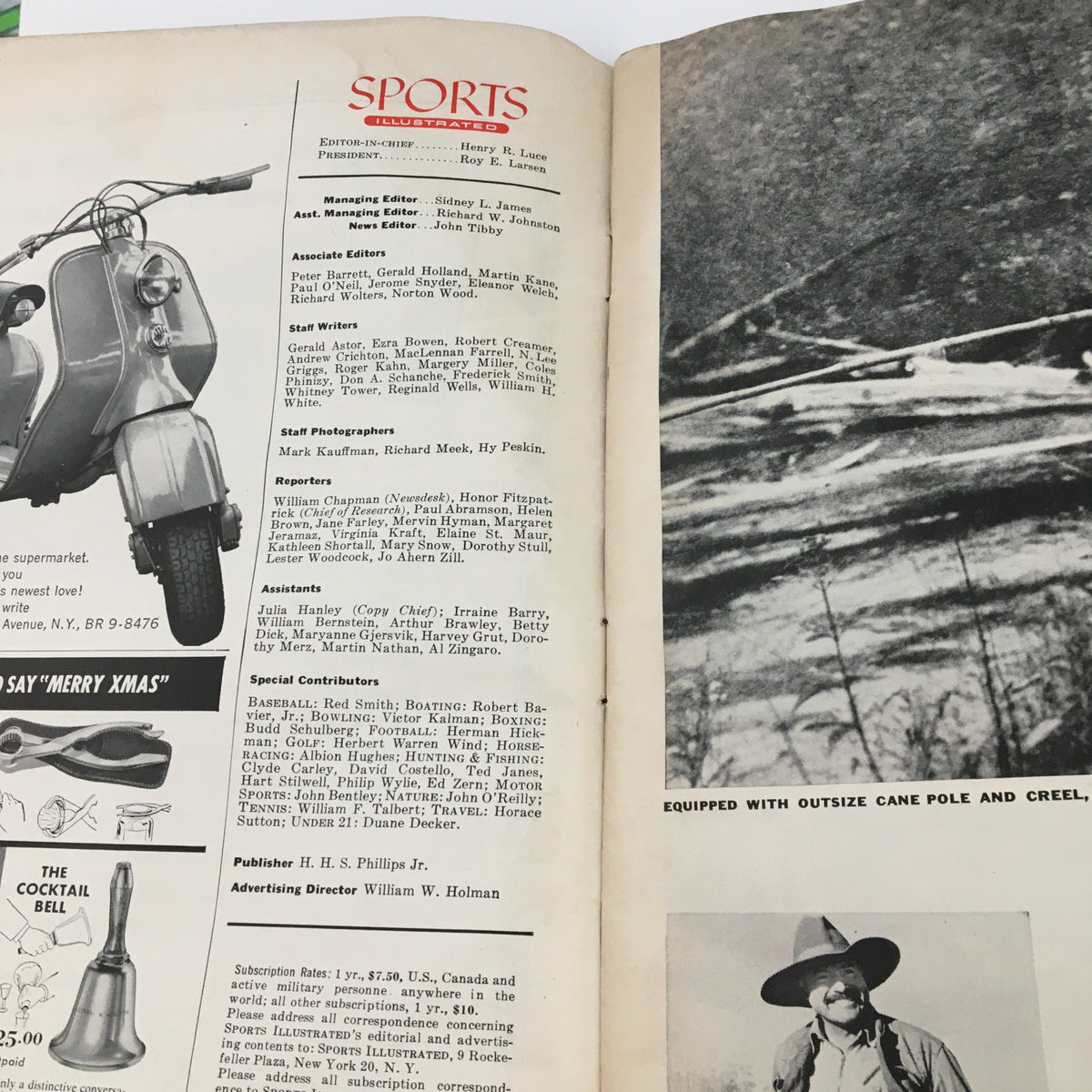 Sports Illustrated Magazine October 4 1954 contents page showing the editorial team, sports contributors, and an image of a vintage scooter alongside a bell symbol.