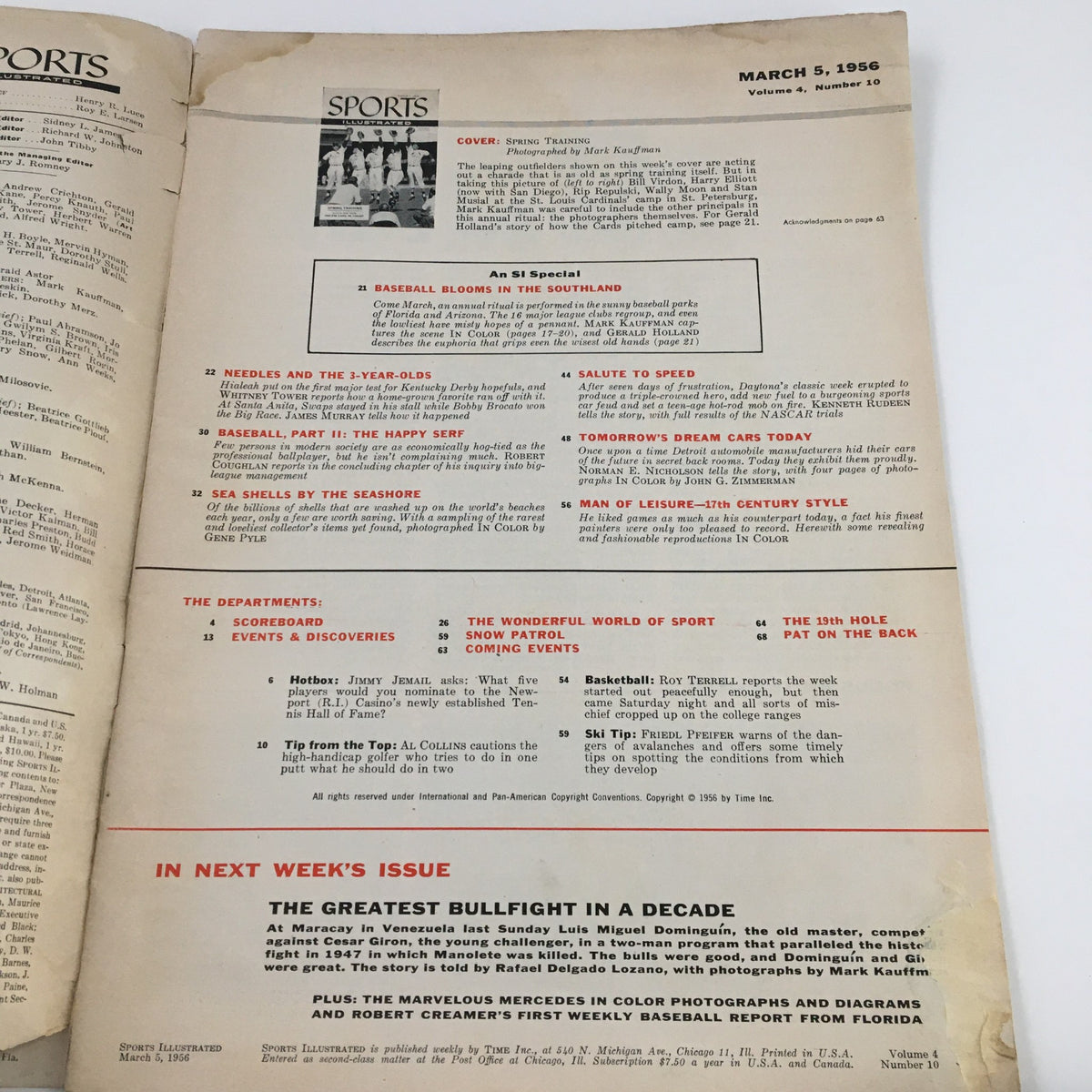 Table of contents page from Sports Illustrated Magazine March 5, 1956, detailing articles and features including baseball and sports highlights.