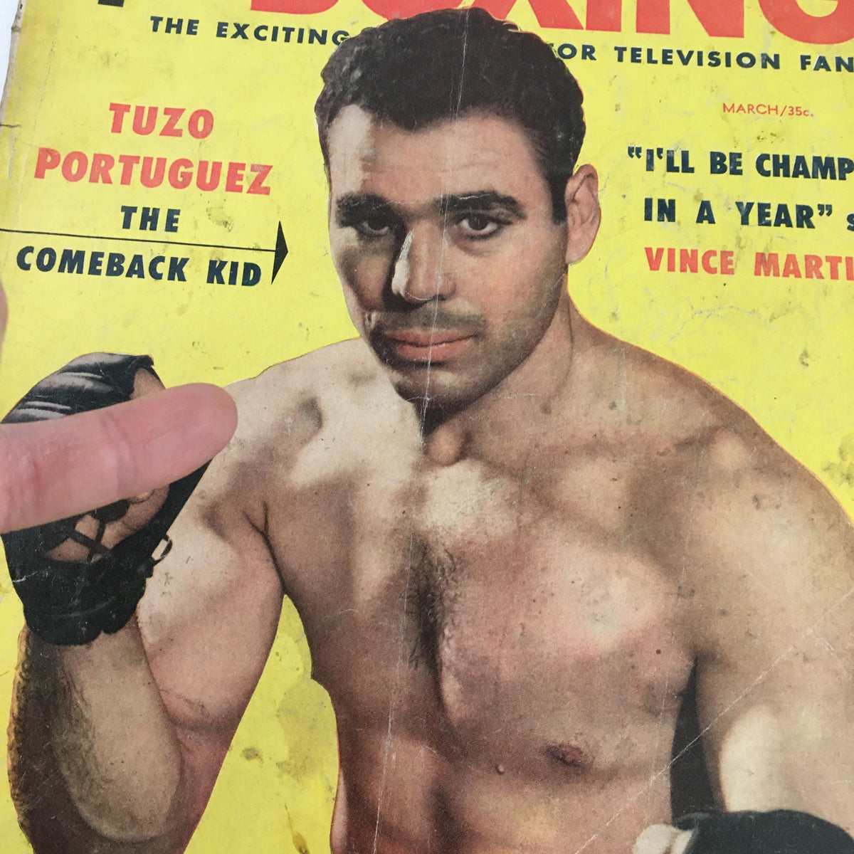 Close-up of the cover of TV Boxing Magazine March 1954 highlighting Tuzo Portuguez with the tagline 'The Comeback Kid' and promotional text.