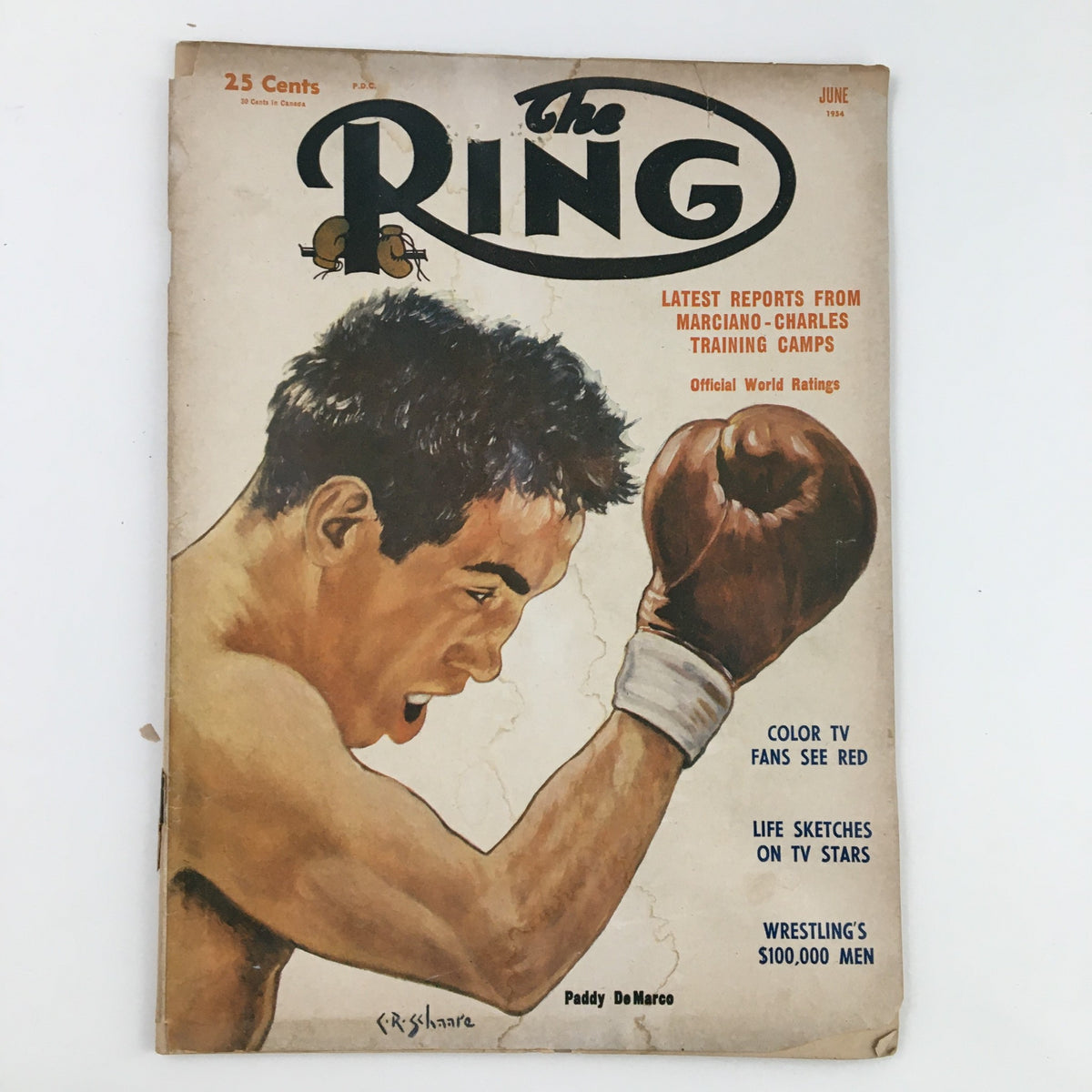 The Ring Boxing Magazine June 1954 cover featuring an illustration of a determined boxer, highlighting Rocky Marciano and Ezzard Charles, showcasing the essence of boxing history.