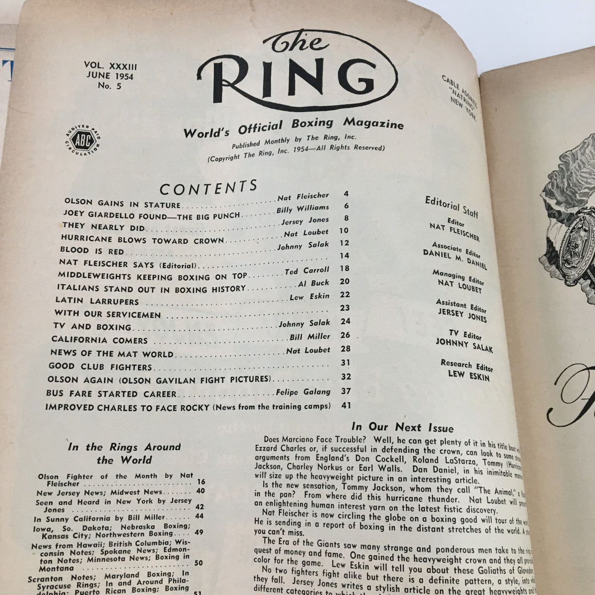Interior page of The Ring Boxing Magazine June 1954, detailing contents with articles about boxing legends, showcasing the magazine's role in preserving boxing history.