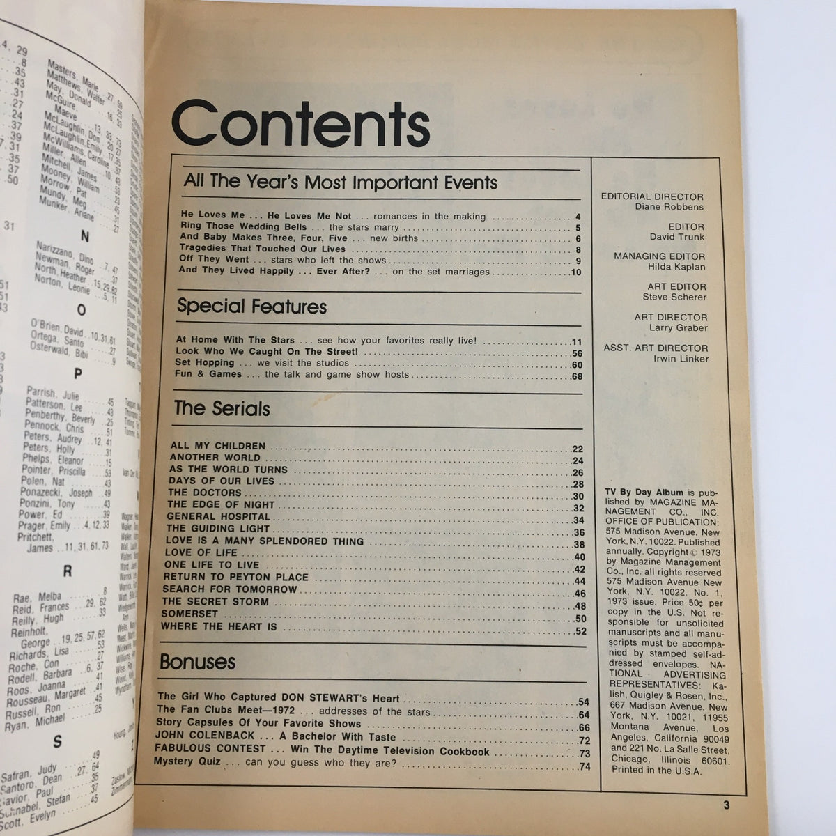 Contents page of TV by Day Album Magazine No. 1, 1973, detailing special features and serials, reflecting on the year's most important events in daytime television.