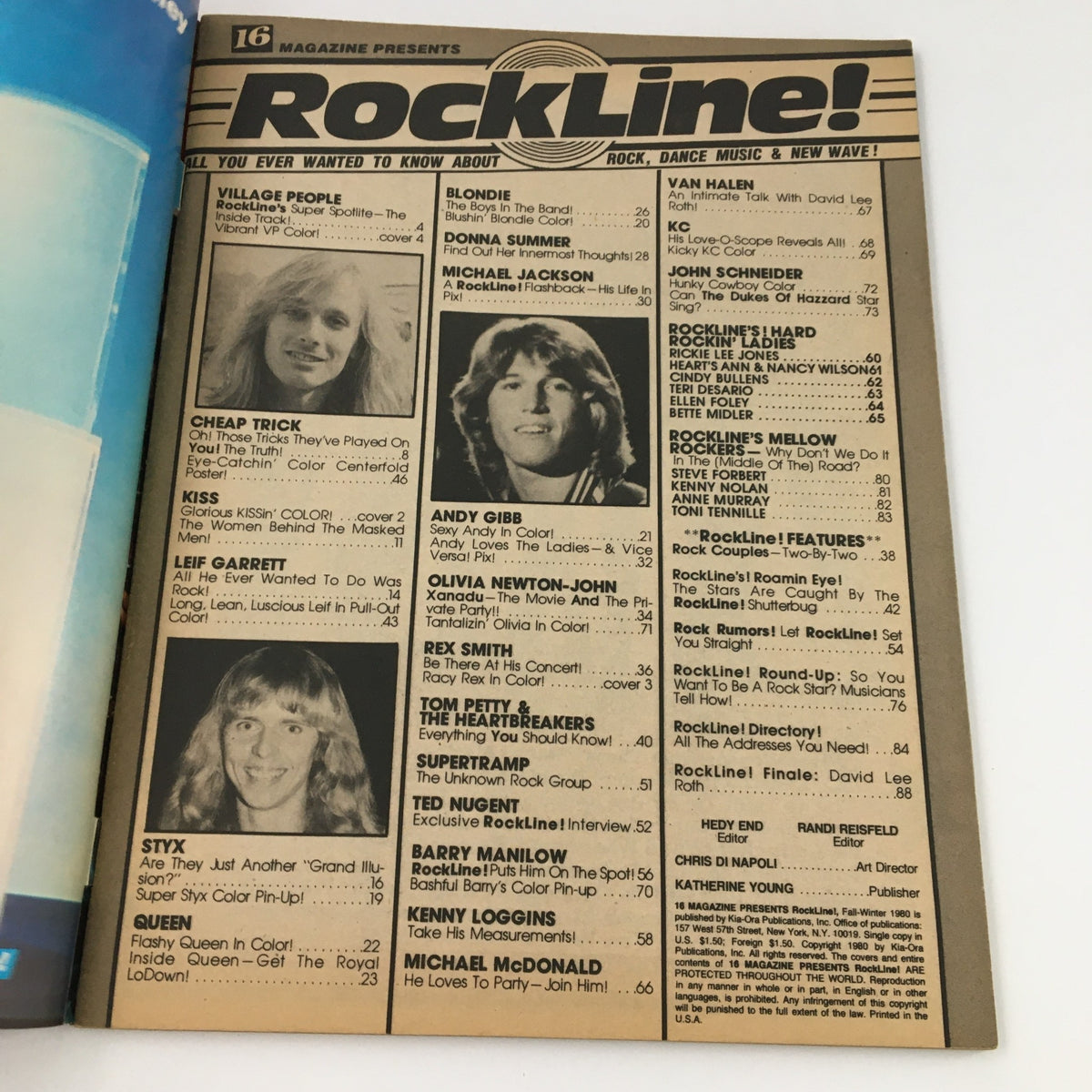Inside content page of 16 Magazine RockLine Fall 1980 showcasing featured artists including Blondie, Cheap Trick, and Michael Jackson. Highlights the pop culture of the late 70s and early 80s.