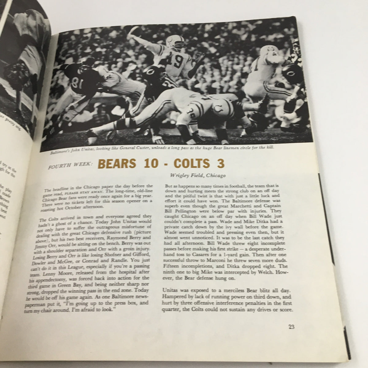 NFL Best Play of the Year 1963 Documentary - A black and white photograph of an iconic game moment featuring the Bears versus Colts at Wrigley Field.