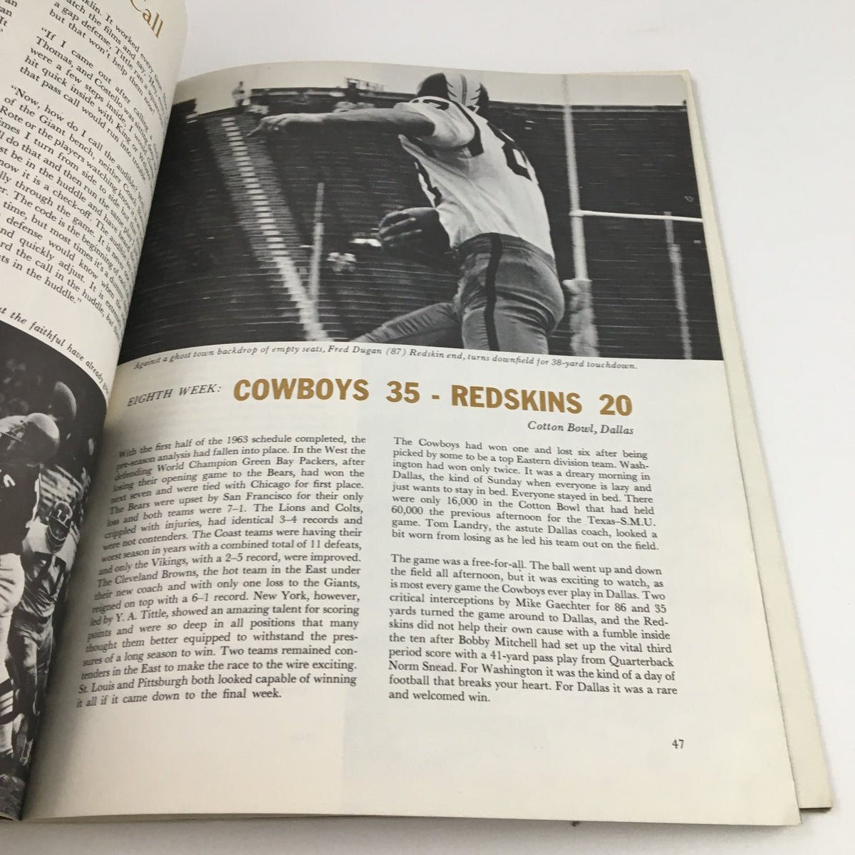 Page from NFL Best Play of the Year 1963 documentary featuring a game summary of Cowboys vs. Redskins, showcasing key moments and statistics.