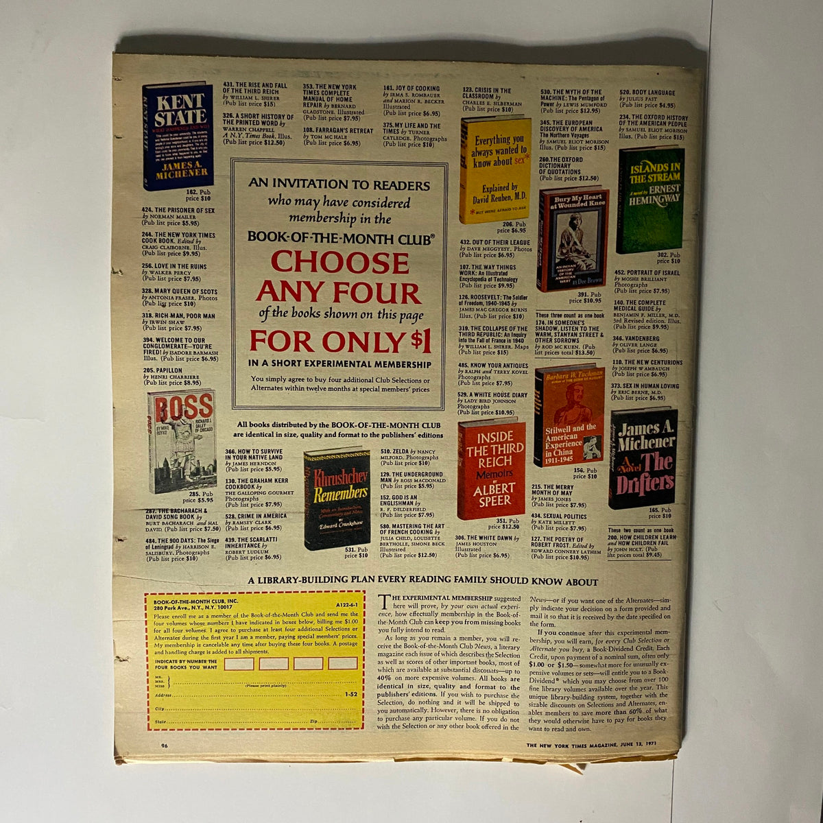 Back cover of The New York Times Magazine from June 13, 1971, displaying advertisements and promotions for various books, including the Book-of-the-Month Club offer.